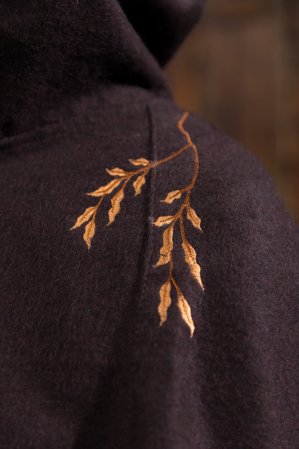 Medieval Cape Aric — Wool Felt Hooded Cape with Floral Embroidery (Brown)