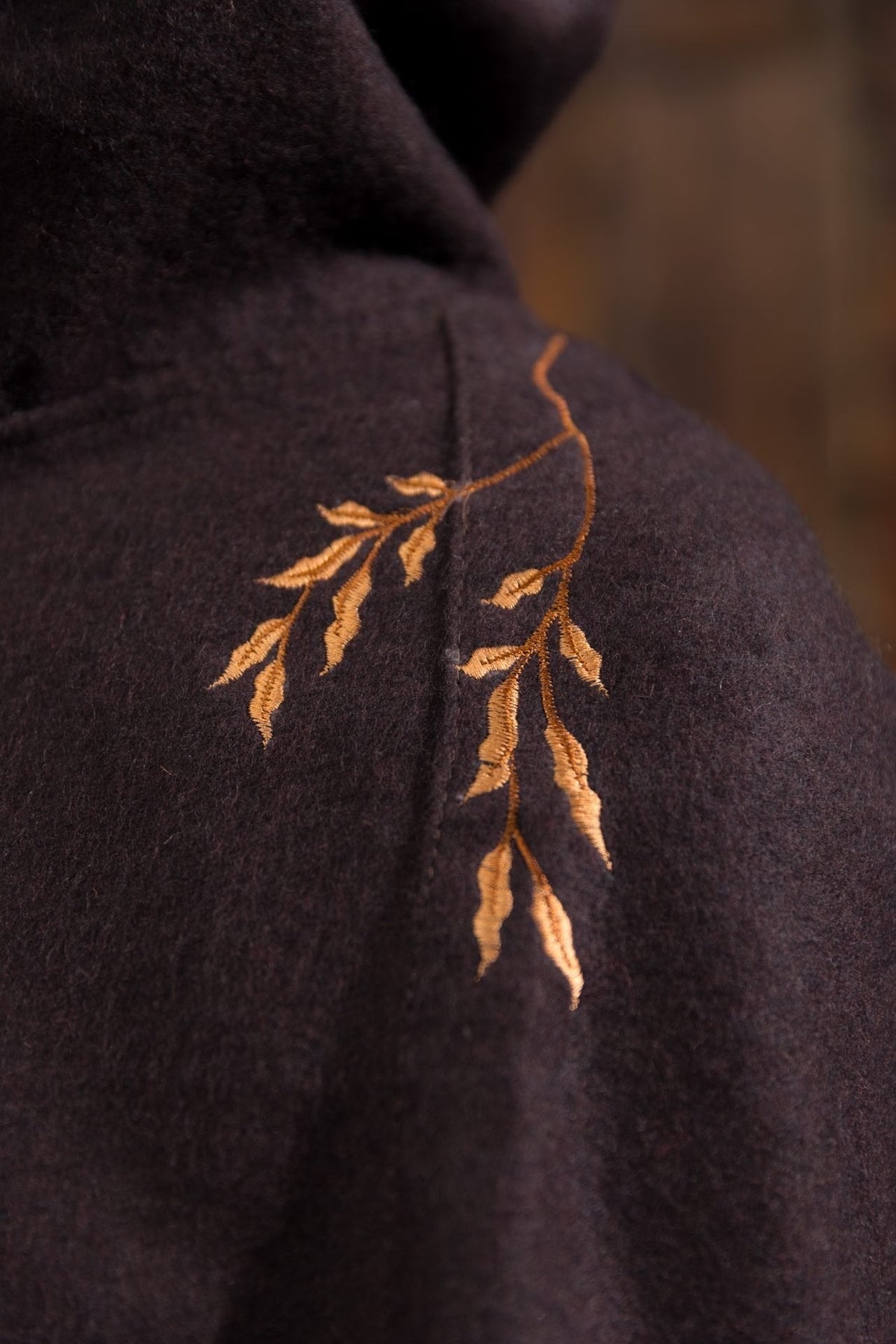 Medieval Cape Aric — Wool Felt Hooded Cape with Floral Embroidery (Brown)