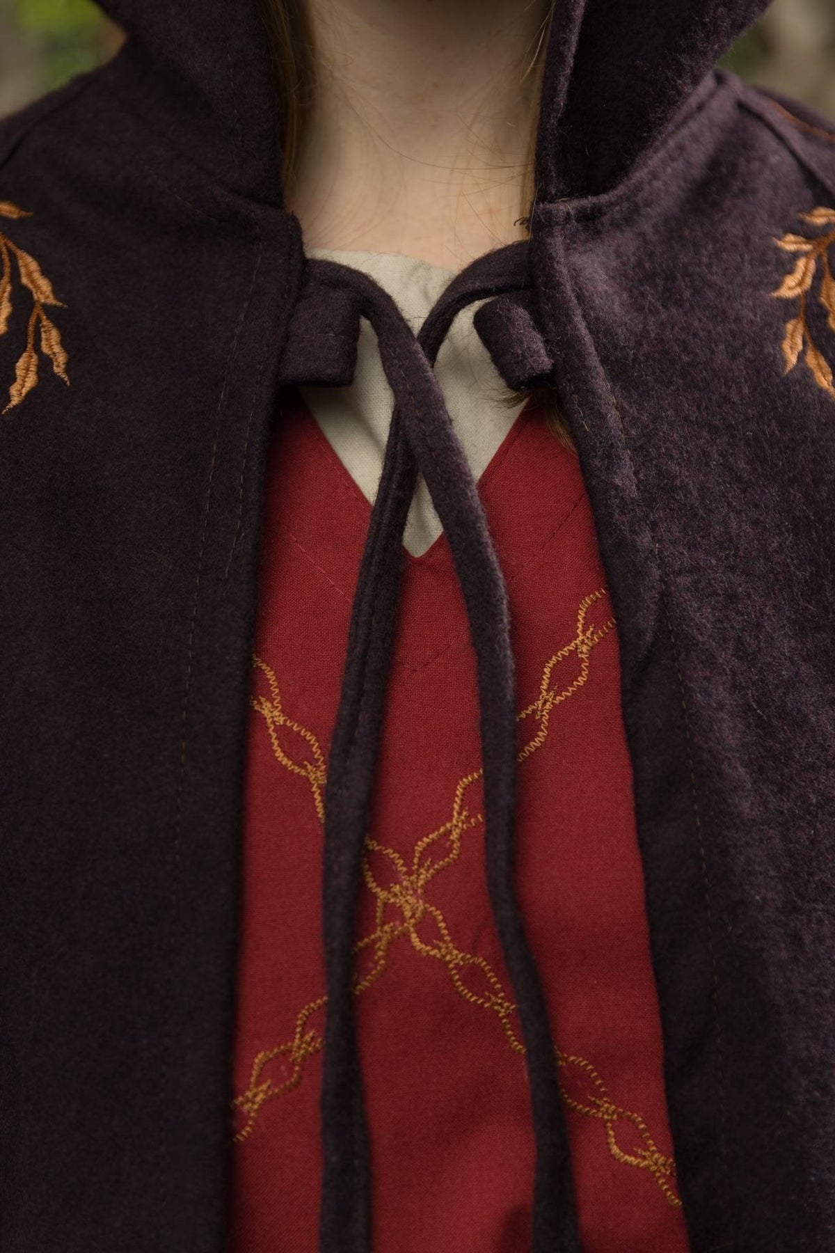 Medieval Cape Aric — Wool Felt Hooded Cape with Floral Embroidery (Brown)