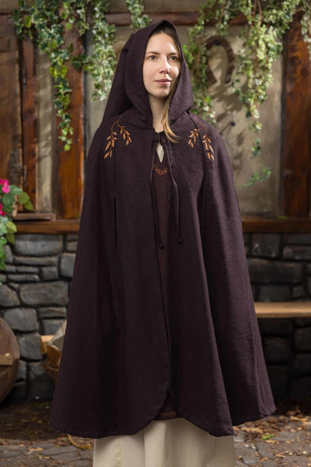 Medieval Cape Aric — Wool Felt Hooded Cape with Floral Embroidery (Brown)