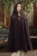 Medieval Cape Aric — Wool Felt Hooded Cape with Floral Embroidery (Brown)