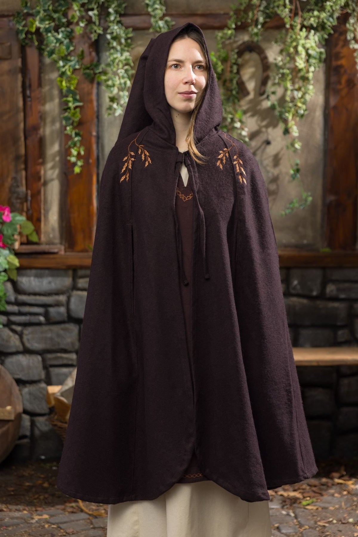 Medieval Cape Aric — Wool Felt Hooded Cape with Floral Embroidery (Brown)