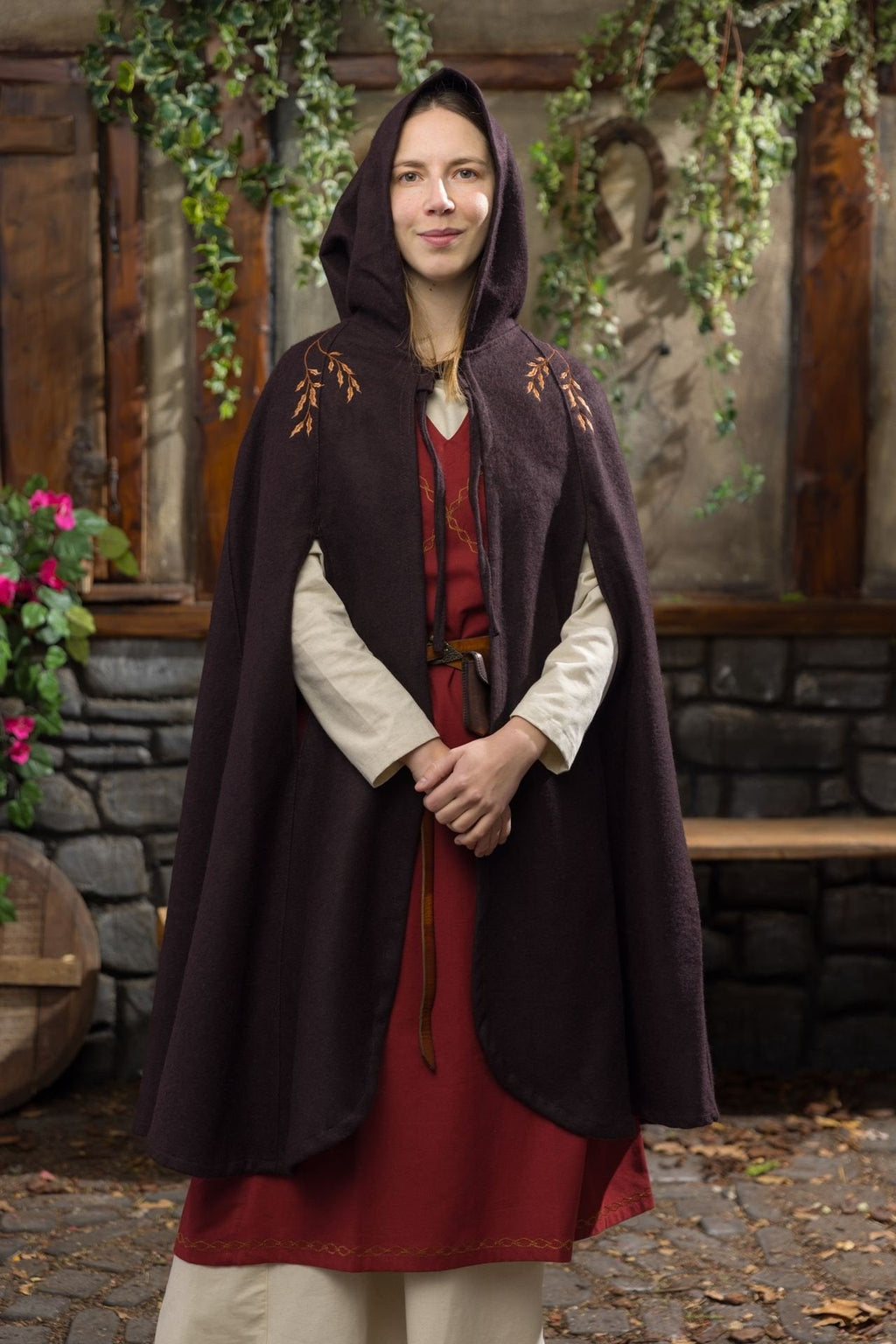 Medieval Cape Aric — Wool Felt Hooded Cape with Floral Embroidery (Brown)