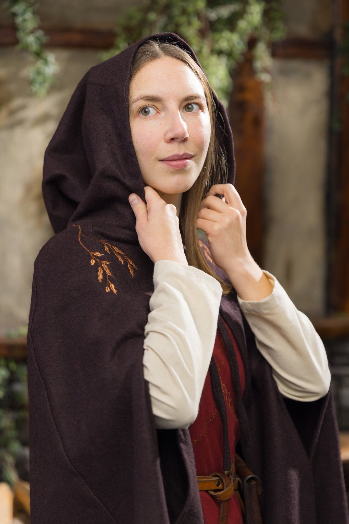 Medieval Cape Aric — Wool Felt Hooded Cape with Floral Embroidery (Brown)