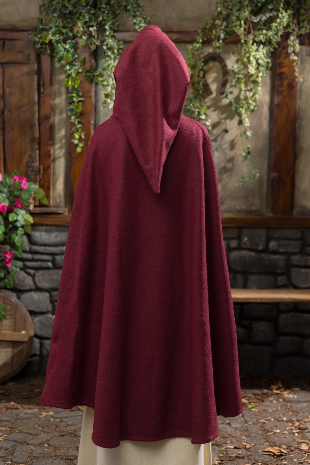 Medieval Cape Aric — Wool Felt Hooded Cape with Floral Embroidery