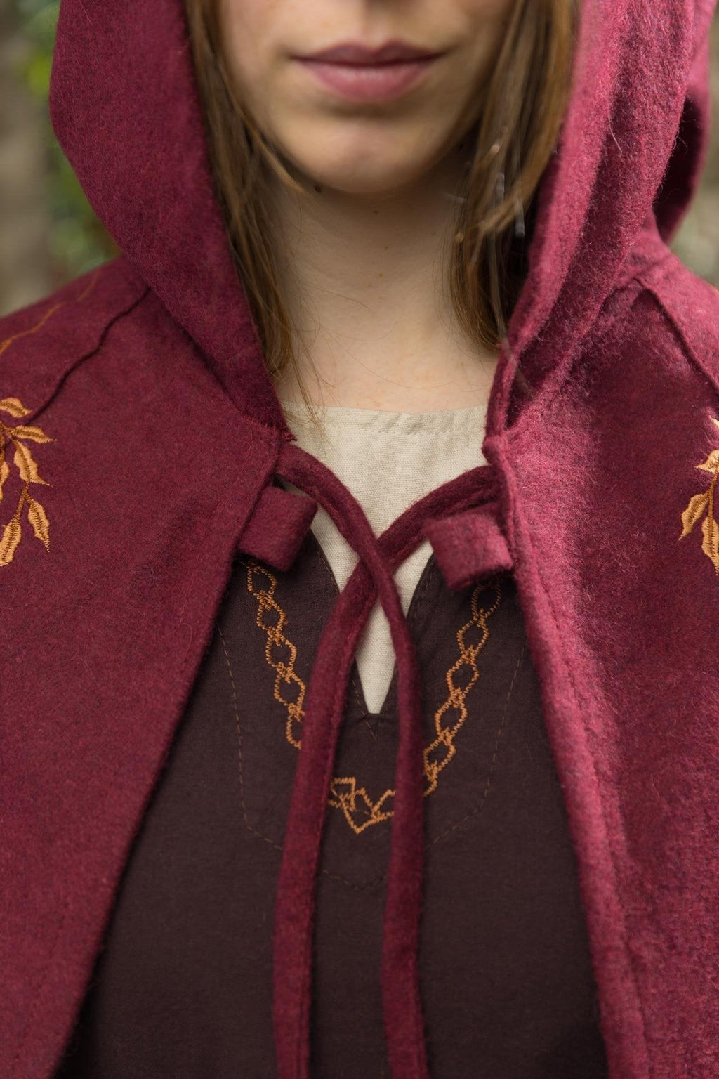 Medieval Cape Aric — Wool Felt Hooded Cape with Floral Embroidery