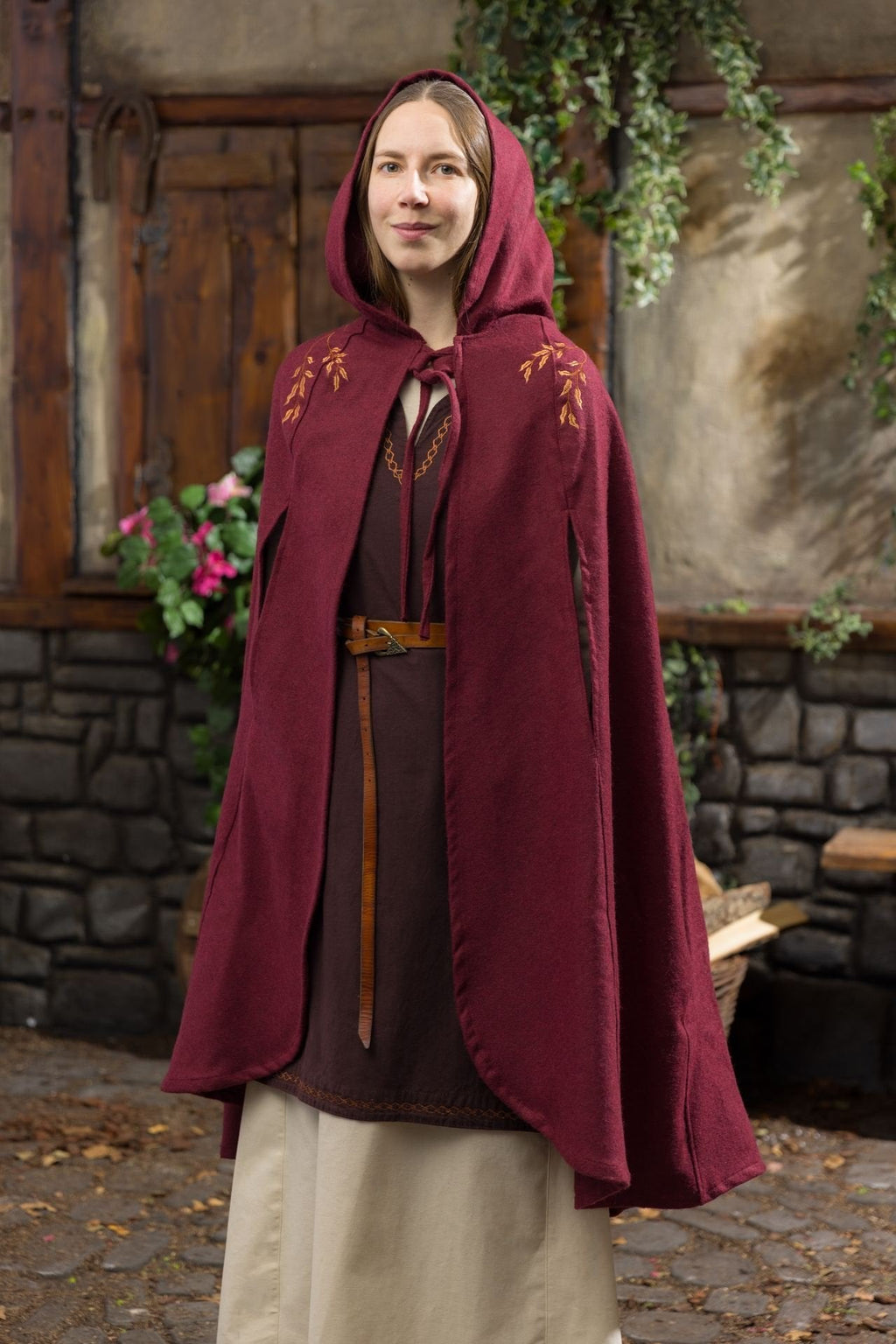 Medieval Cape Aric — Wool Felt Hooded Cape with Floral Embroidery