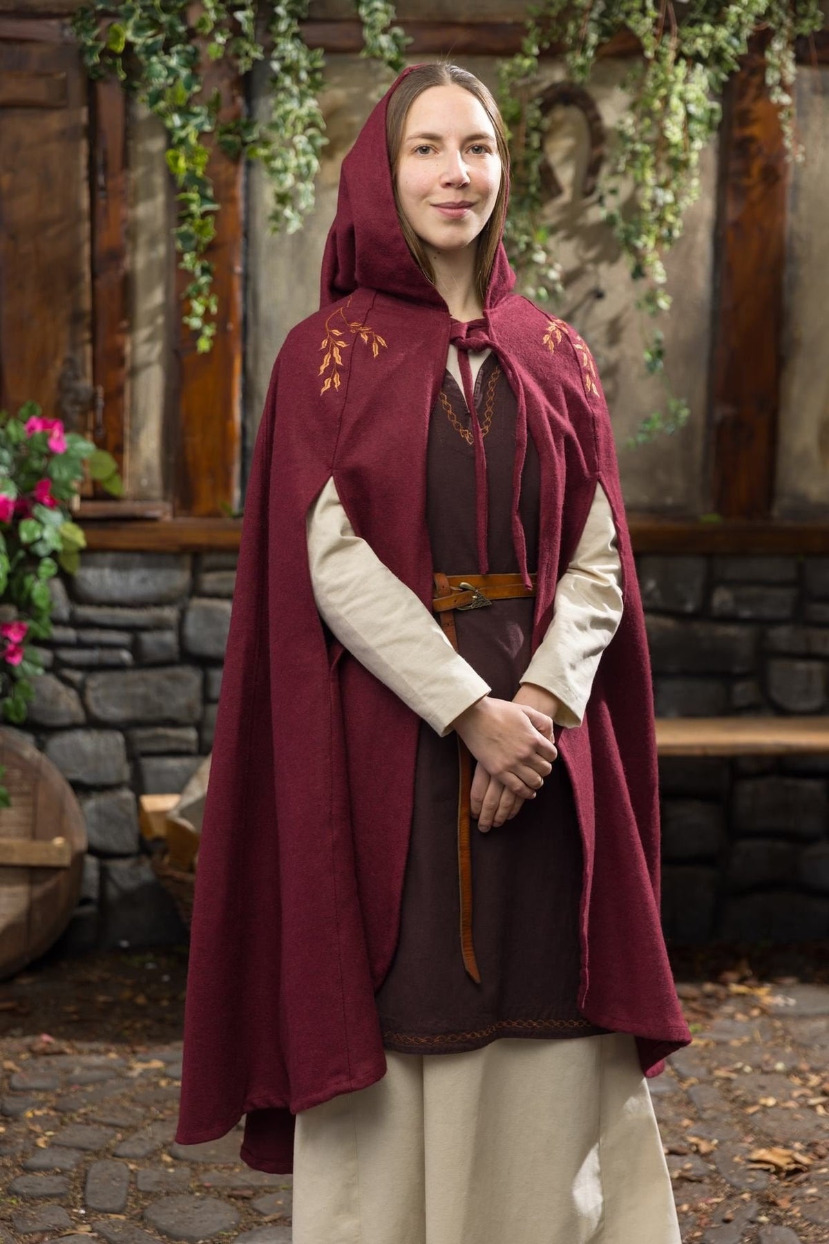 Medieval Cape Aric — Wool Felt Hooded Cape with Floral Embroidery