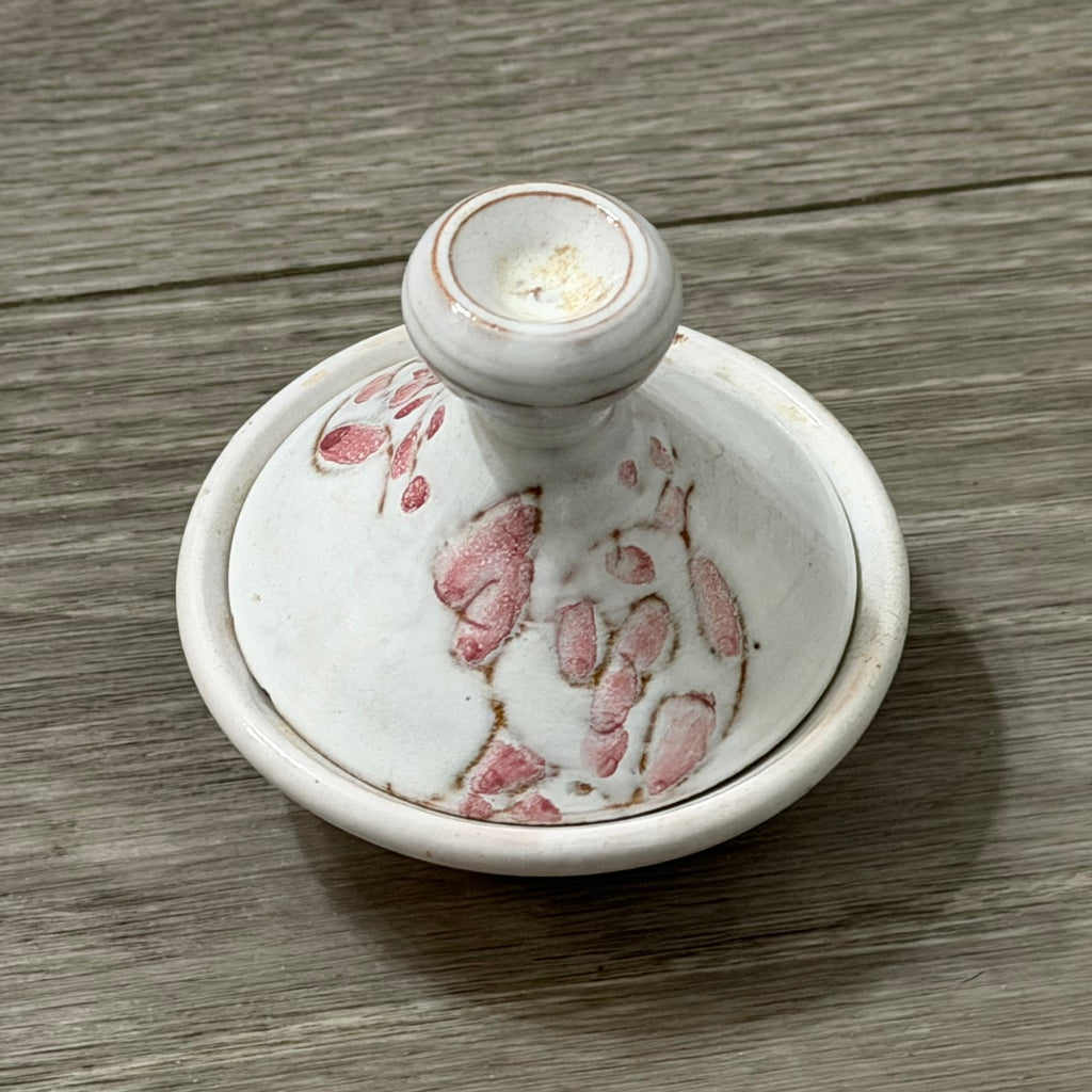 Vintage Small Clay Tagine — White with Pink Flowers, Handmade & Signed