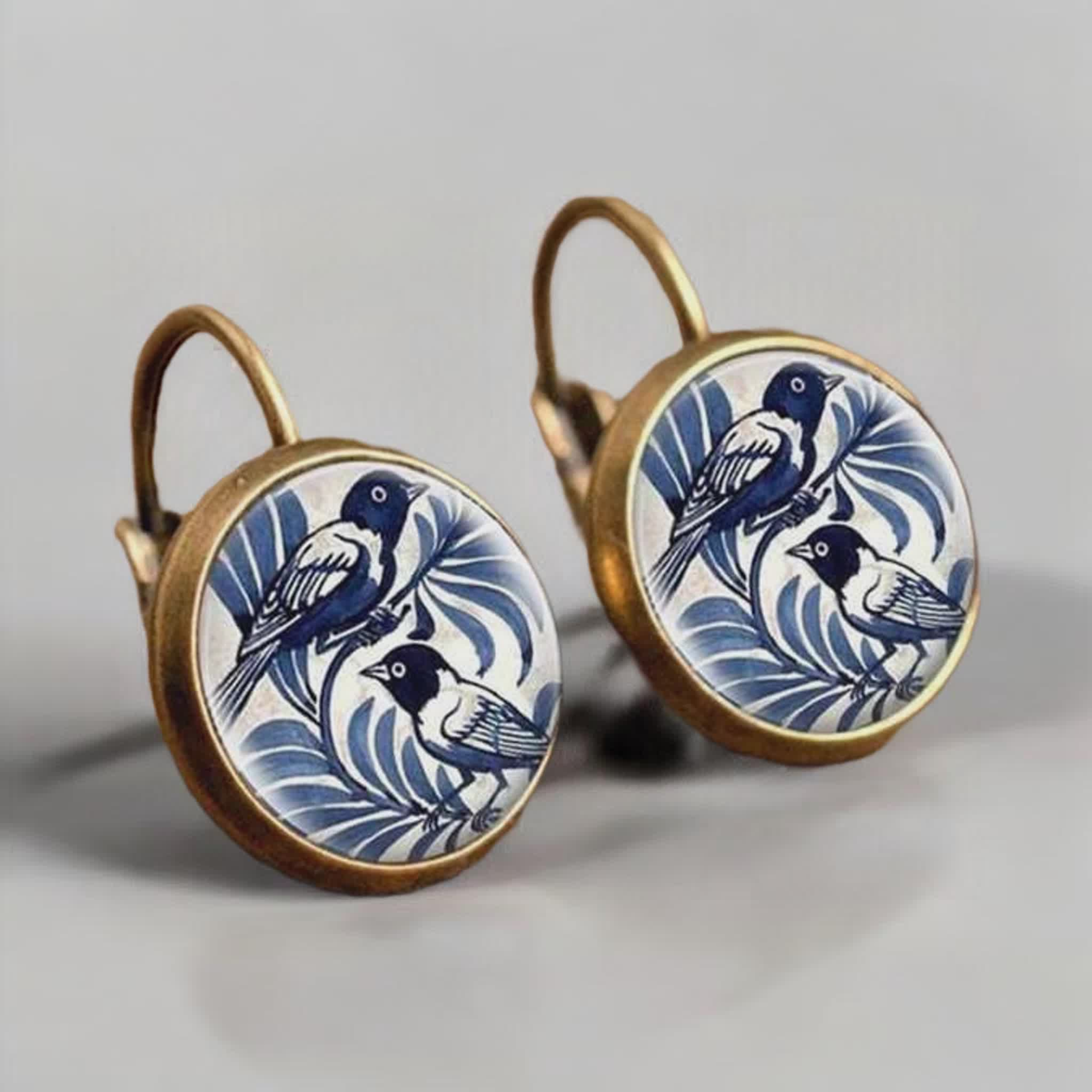Earthy Blue Bird Dangle Earrings