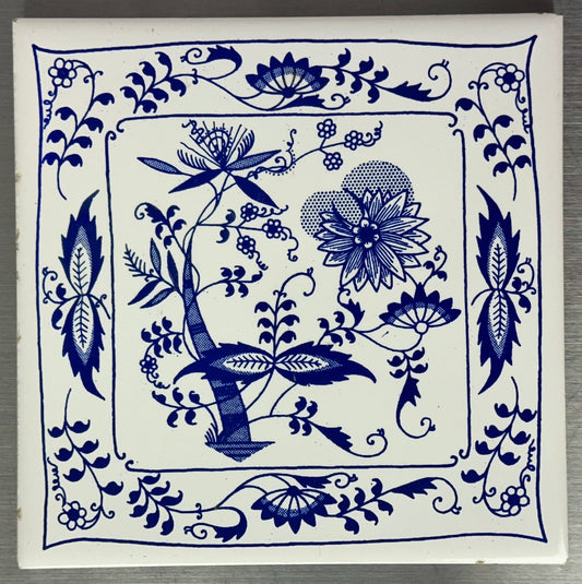 Vintage 1950's Soriano Ceramics Blue & White Botanical Design Tile Trivet