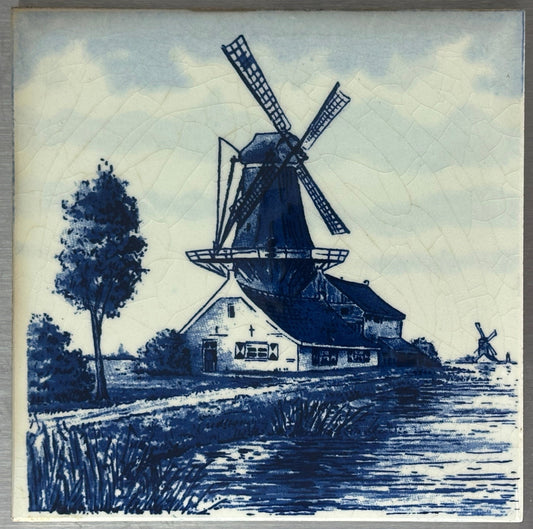 Vintage Hand Painted Windmill Ceramic Tile Trivet Mosaic Wall Decoration 4.25”