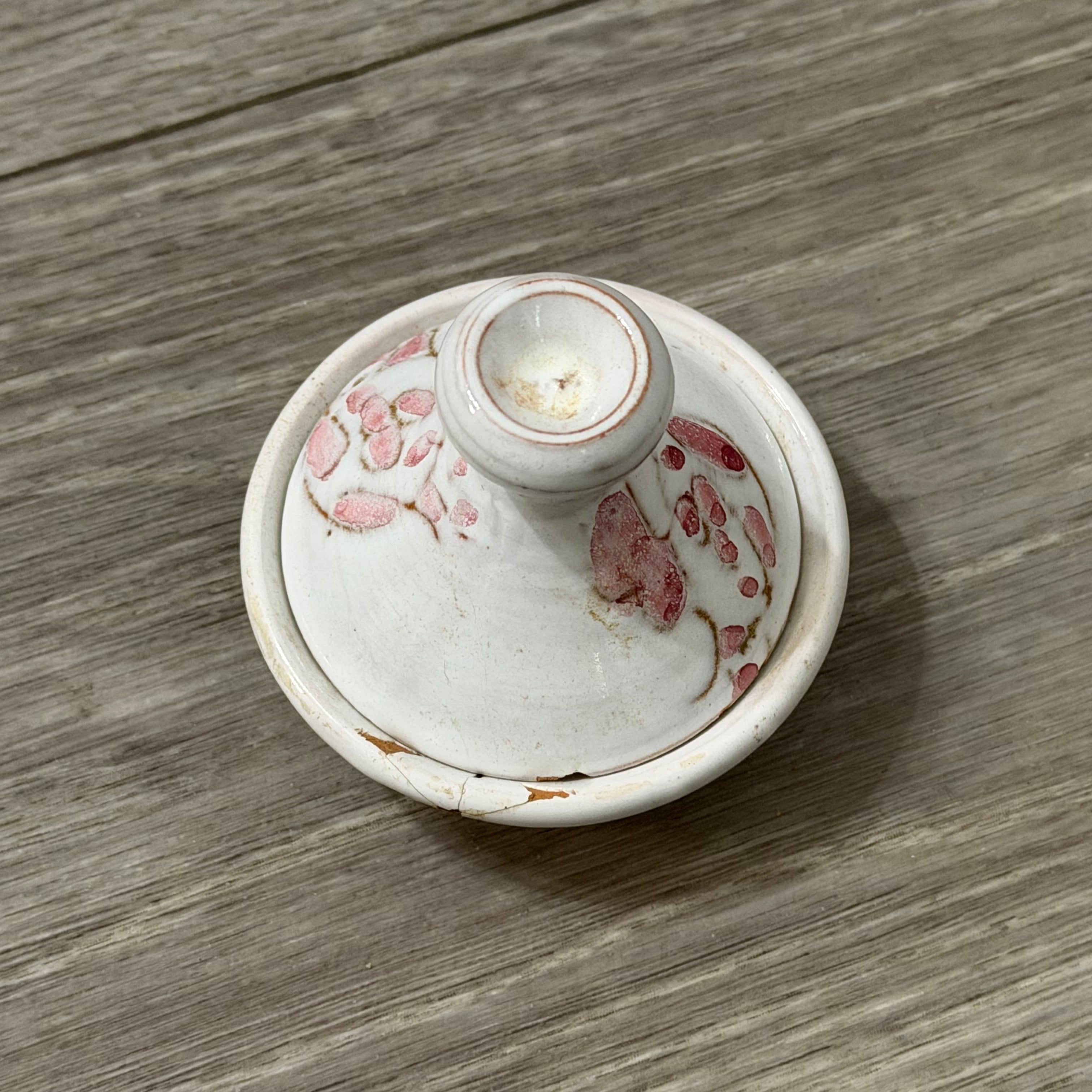 Vintage Small Clay Tagine — White with Pink Flowers, Handmade & Signed