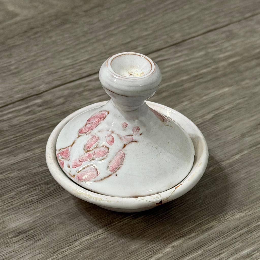Vintage Small Clay Tagine — White with Pink Flowers, Handmade & Signed