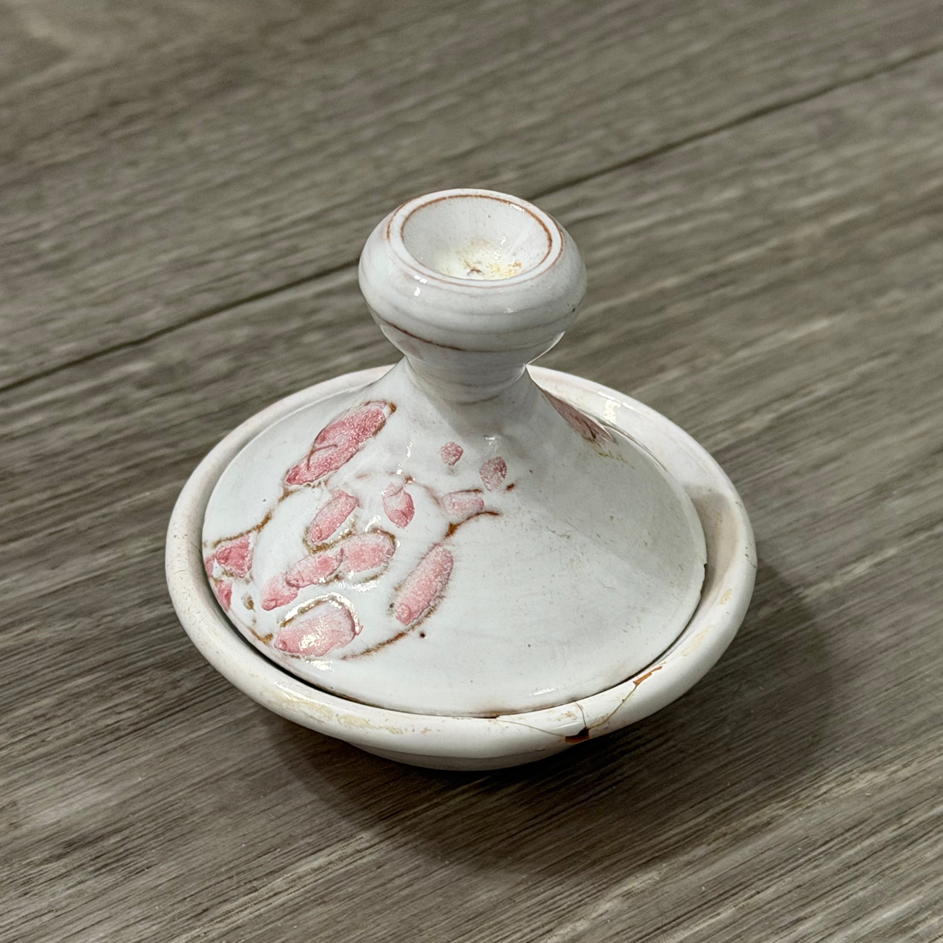 Vintage Small Clay Tagine — White with Pink Flowers, Handmade & Signed