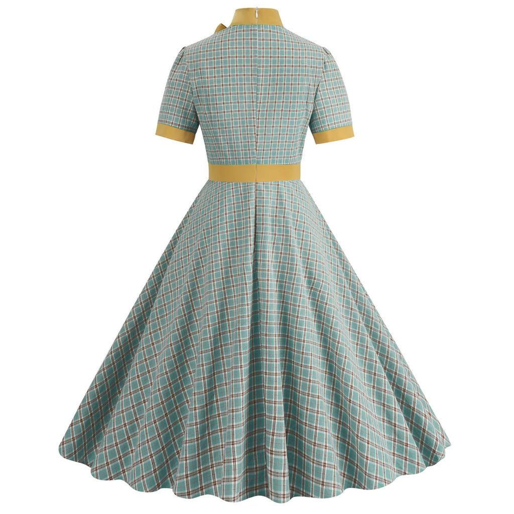 Plaid Bow Collar Swing Dress