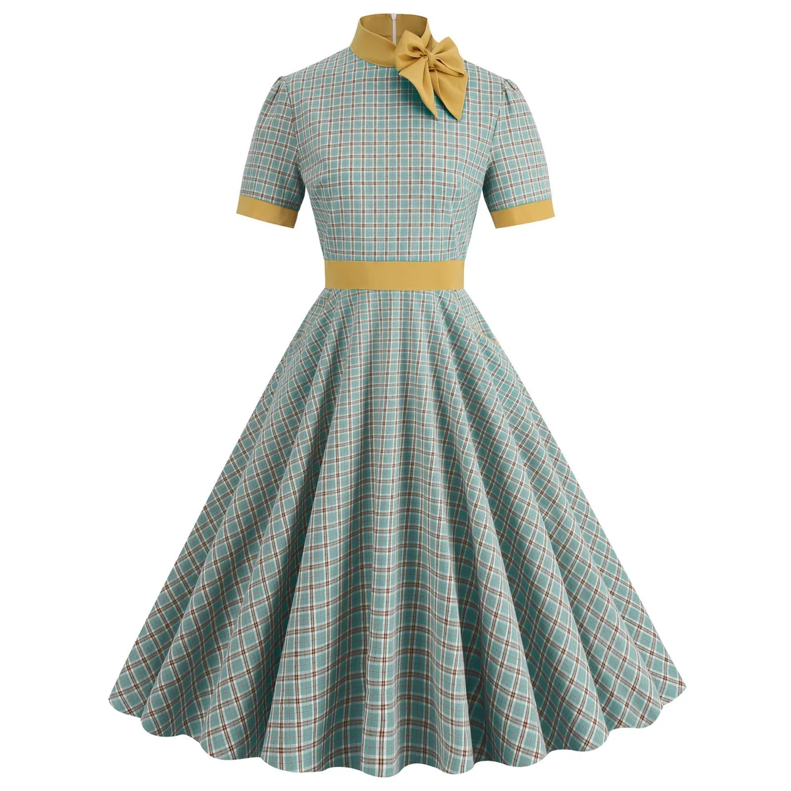 Plaid Bow Collar Swing Dress