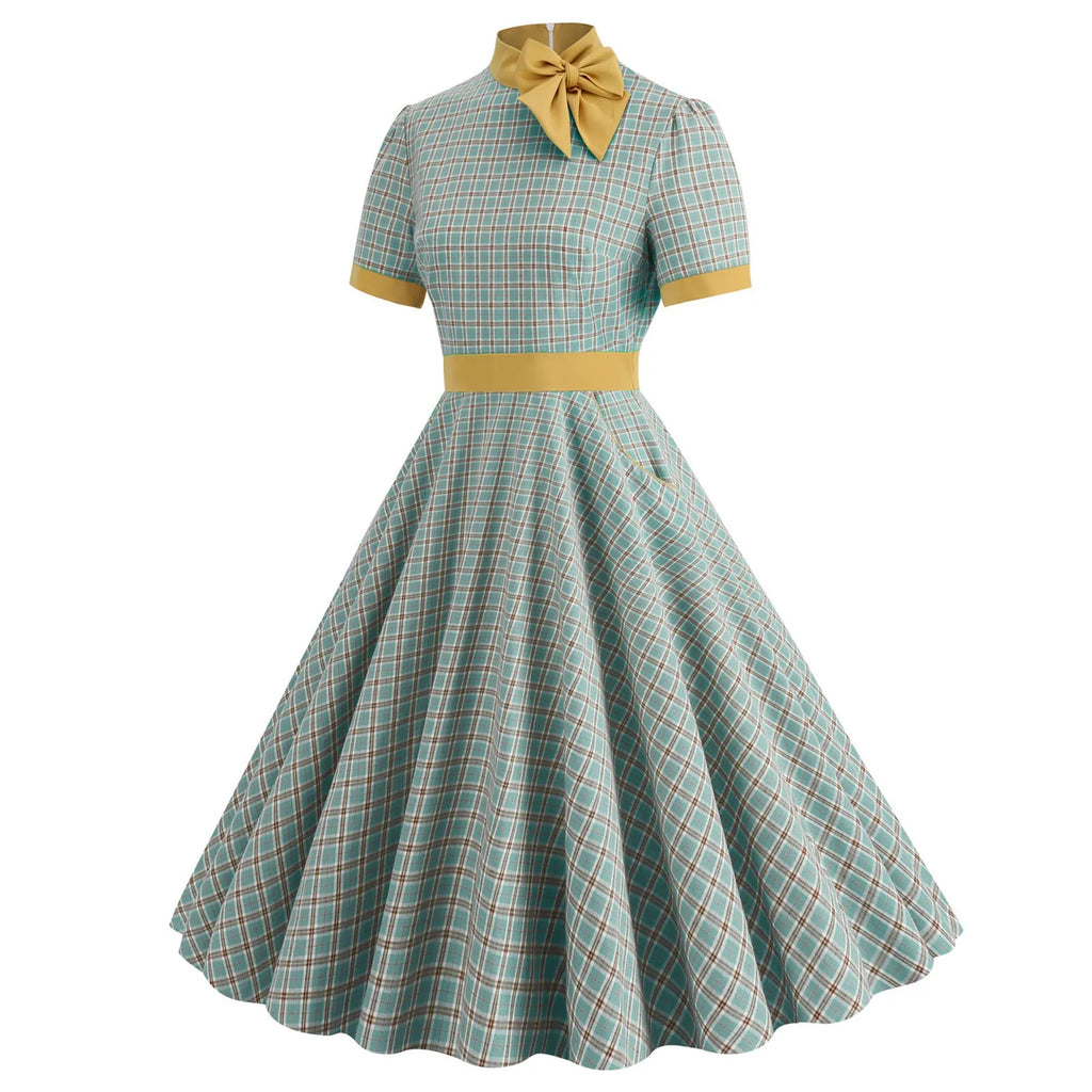 Plaid Bow Collar Swing Dress