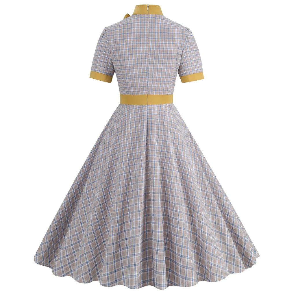 Plaid Bow Collar Swing Dress