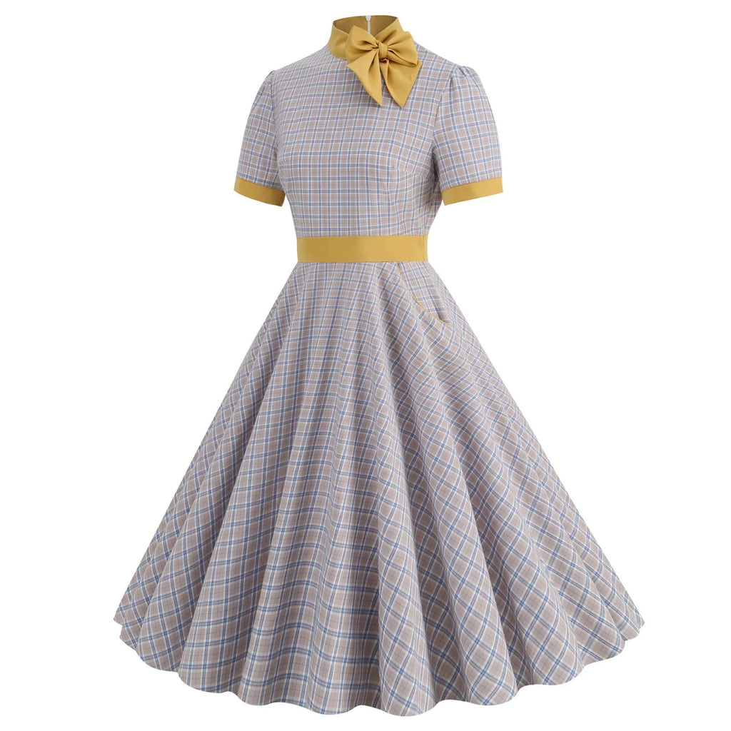 Plaid Bow Collar Swing Dress