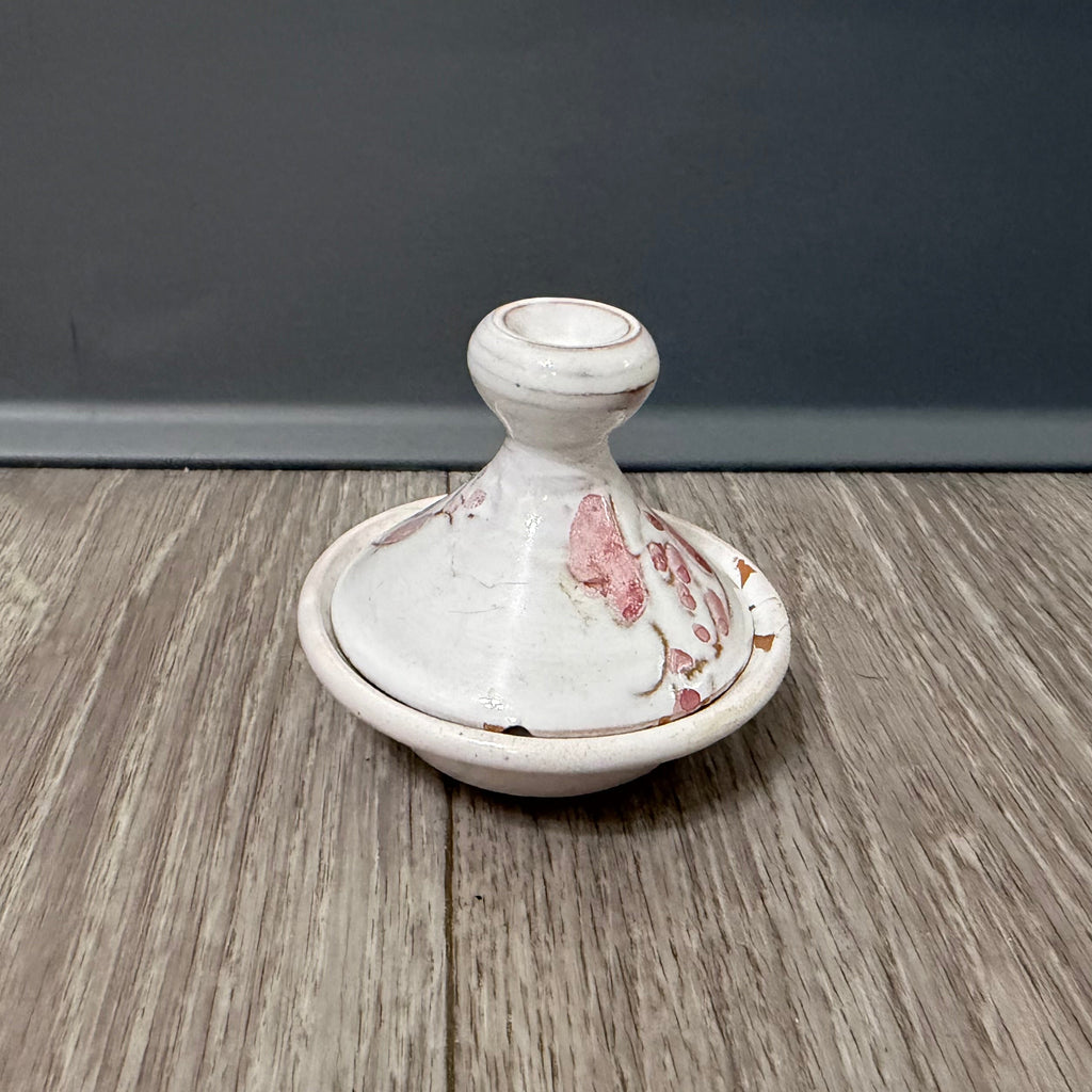 Vintage Small Clay Tagine — White with Pink Flowers, Handmade & Signed