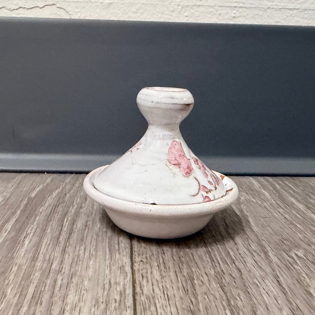 Vintage Small Clay Tagine — White with Pink Flowers, Handmade & Signed