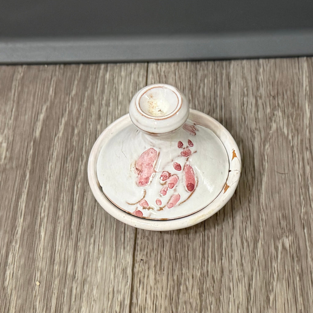 Vintage Small Clay Tagine — White with Pink Flowers, Handmade & Signed