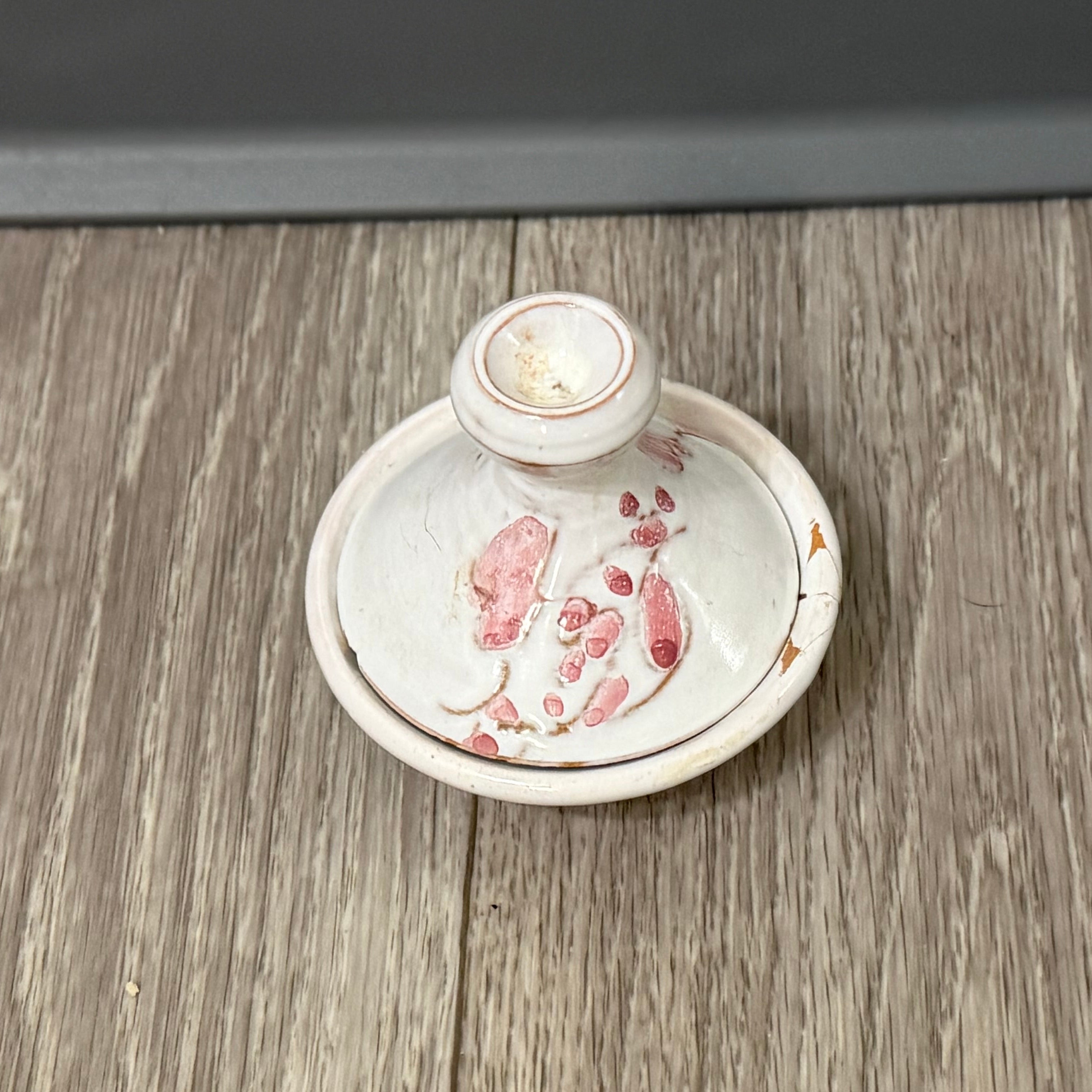 Vintage Small Clay Tagine — White with Pink Flowers, Handmade & Signed