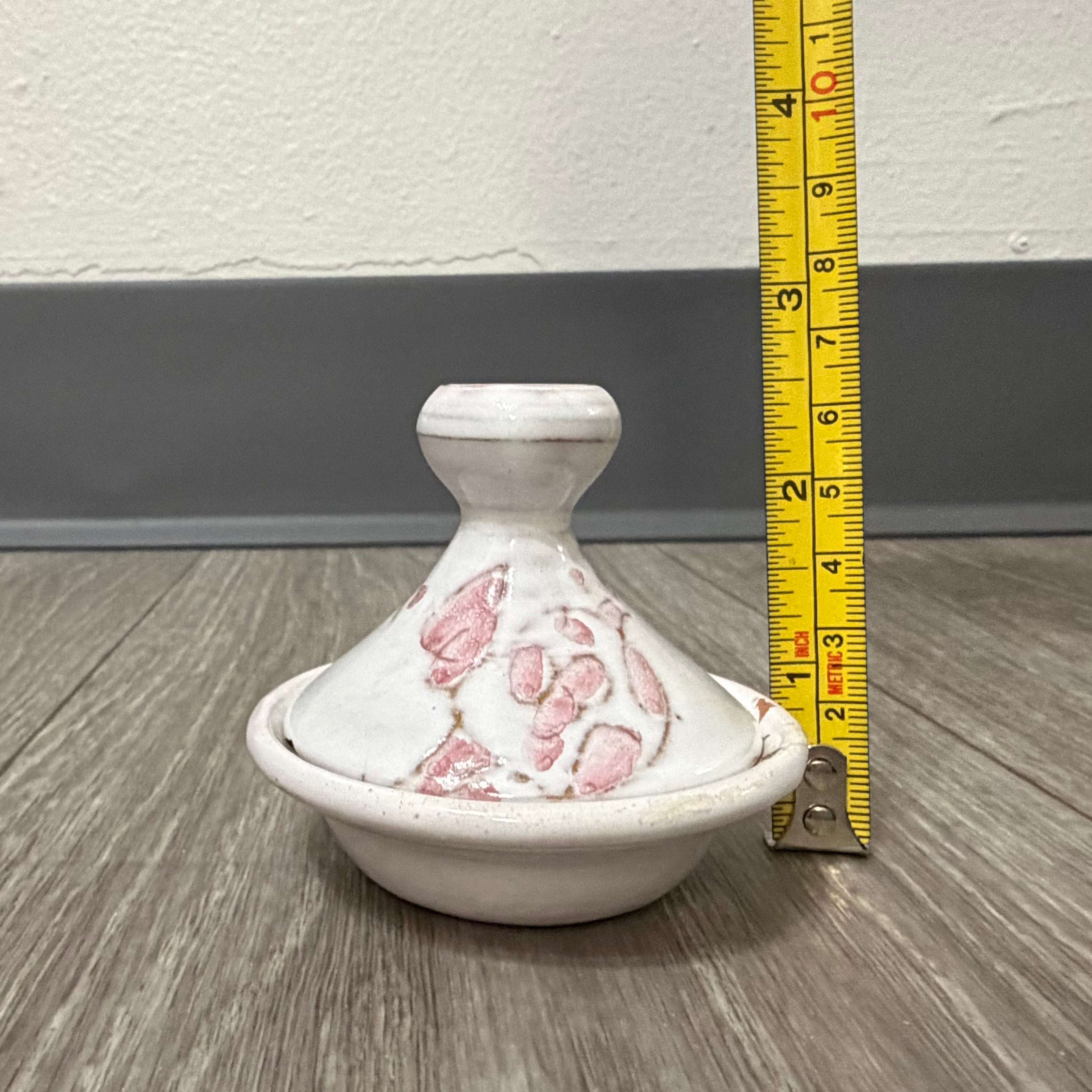 Vintage Small Clay Tagine — White with Pink Flowers, Handmade & Signed