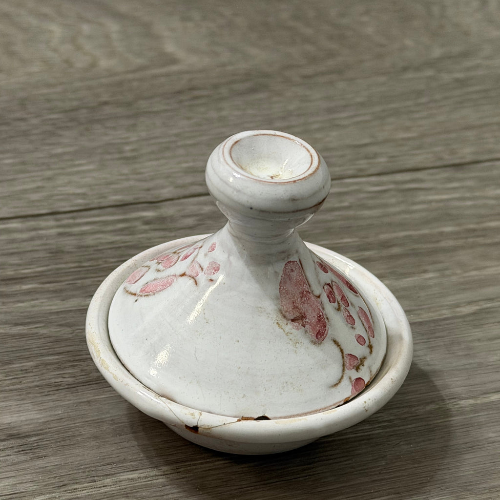 Vintage Small Clay Tagine — White with Pink Flowers, Handmade & Signed