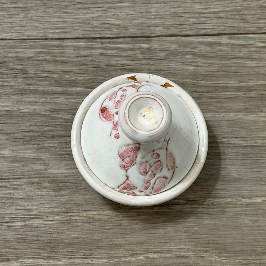 Vintage Small Clay Tagine — White with Pink Flowers, Handmade & Signed