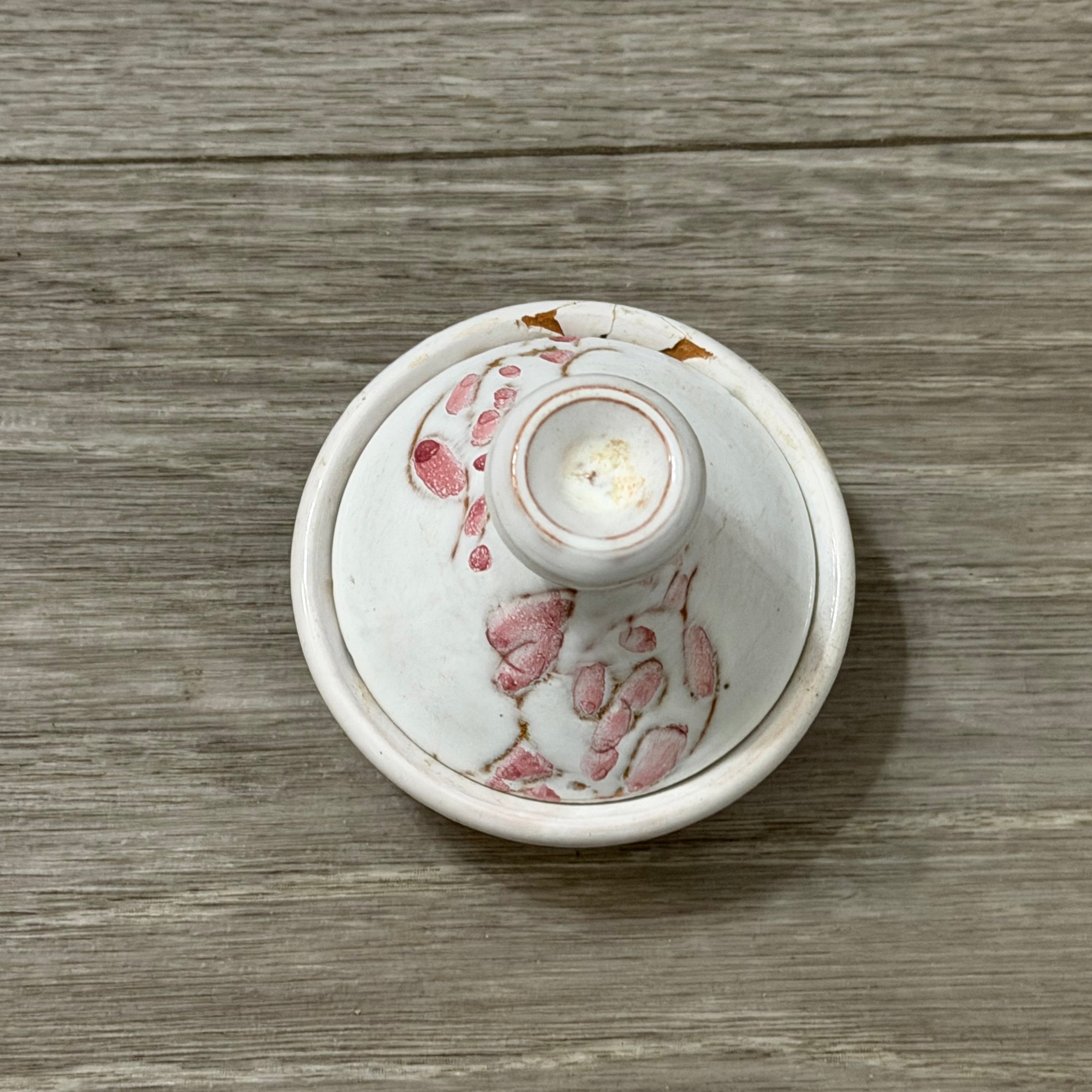 Vintage Small Clay Tagine — White with Pink Flowers, Handmade & Signed