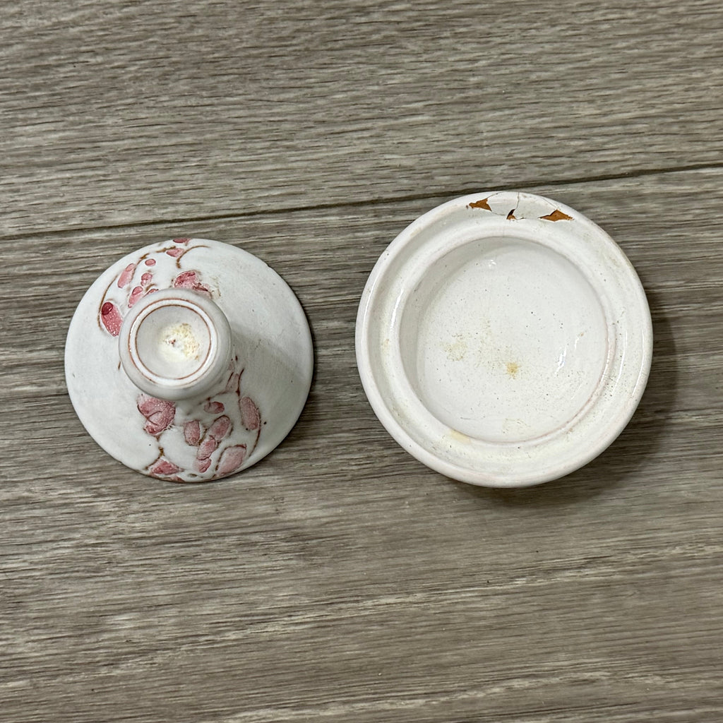 Vintage Small Clay Tagine — White with Pink Flowers, Handmade & Signed