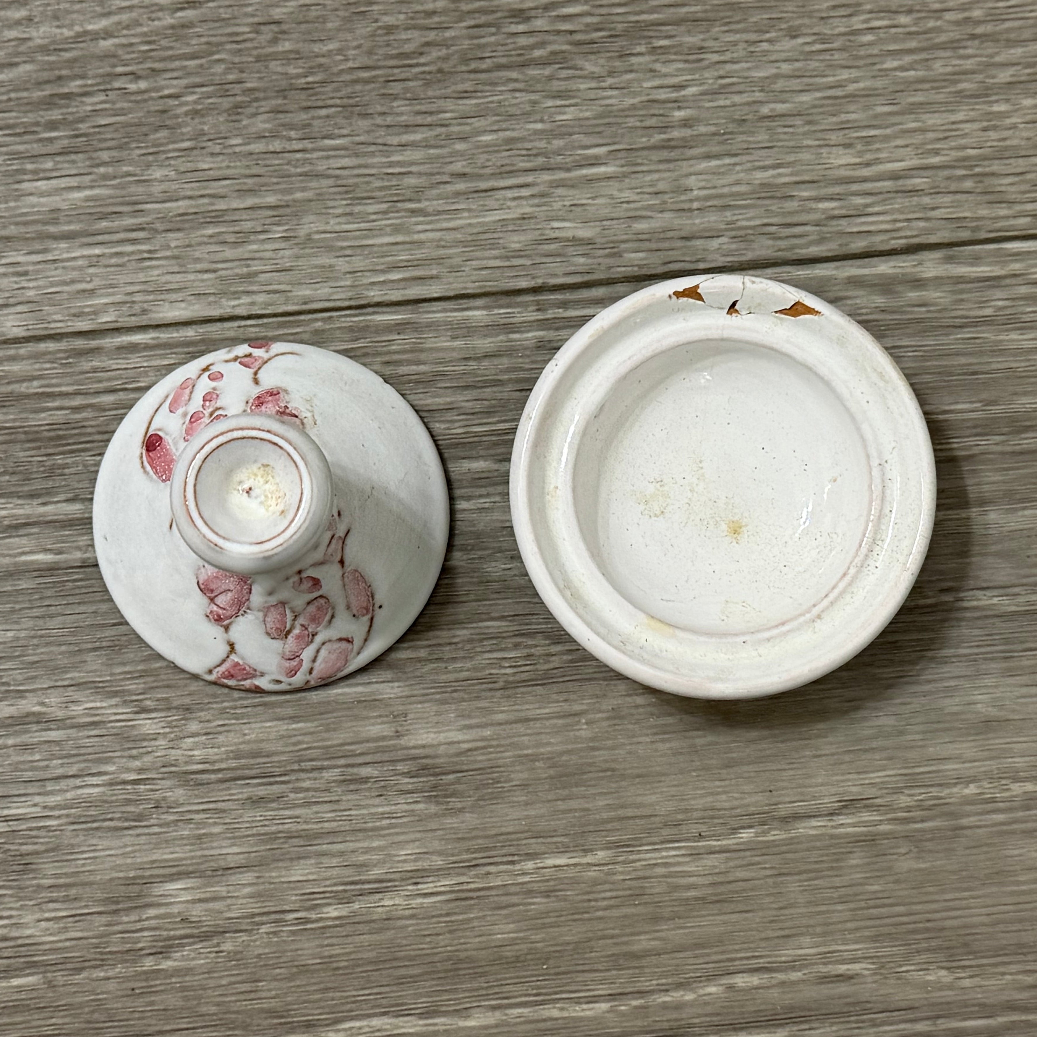 Vintage Small Clay Tagine — White with Pink Flowers, Handmade & Signed