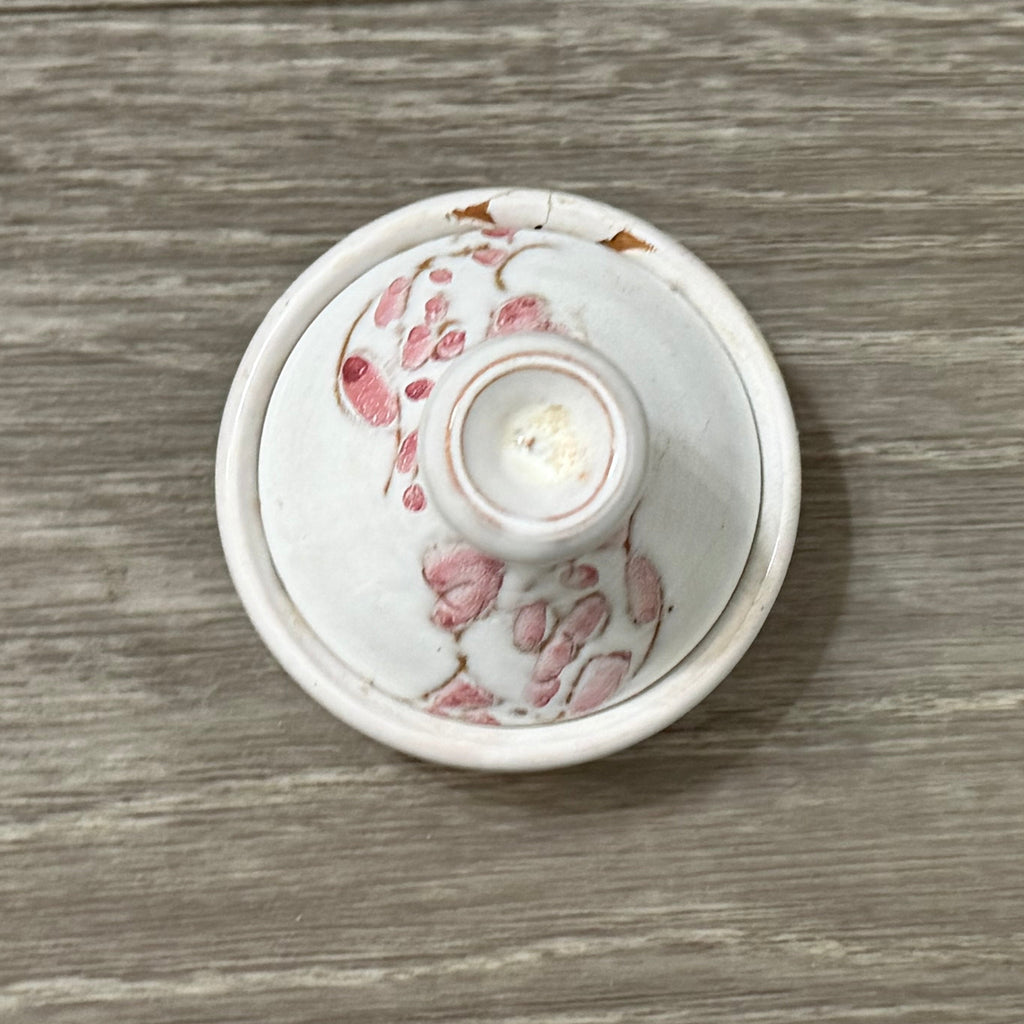 Vintage Small Clay Tagine — White with Pink Flowers, Handmade & Signed