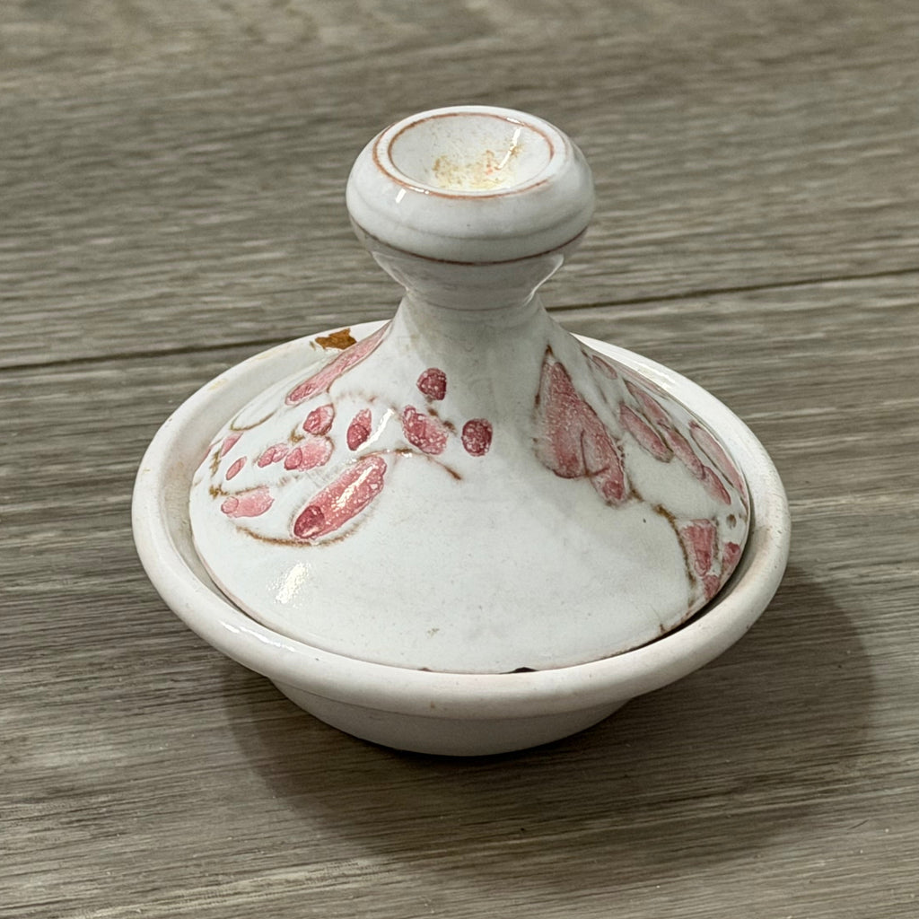 Vintage Small Clay Tagine — White with Pink Flowers, Handmade & Signed