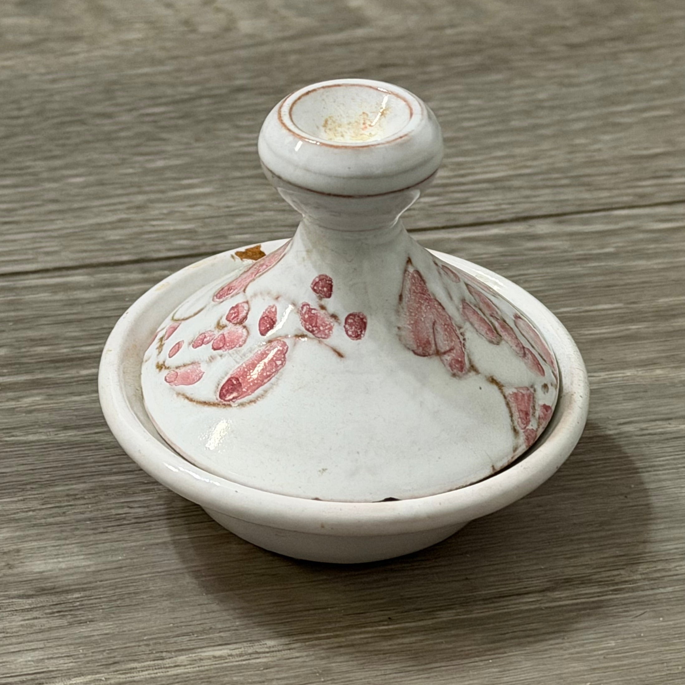 Vintage Small Clay Tagine — White with Pink Flowers, Handmade & Signed