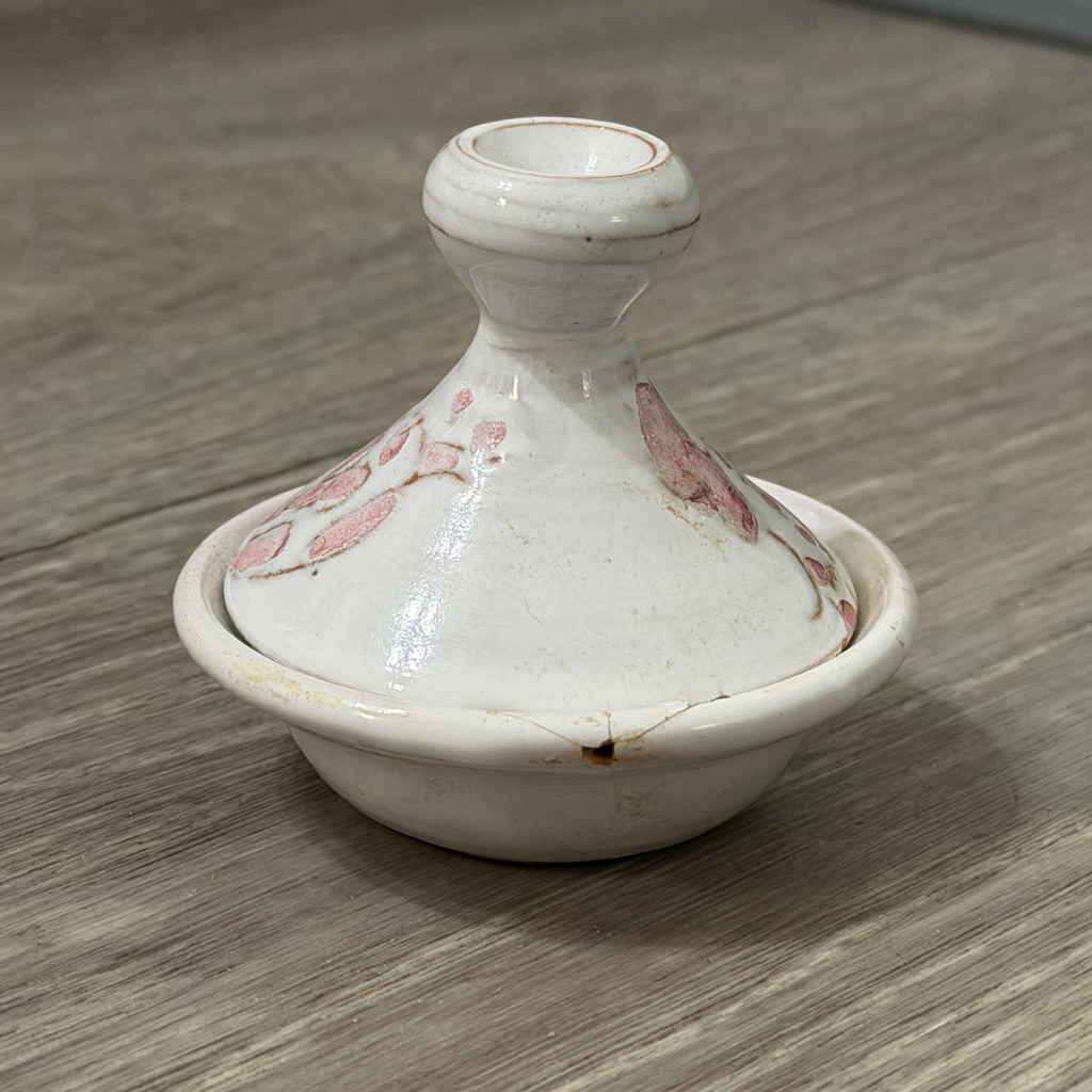 Vintage Small Clay Tagine — White with Pink Flowers, Handmade & Signed