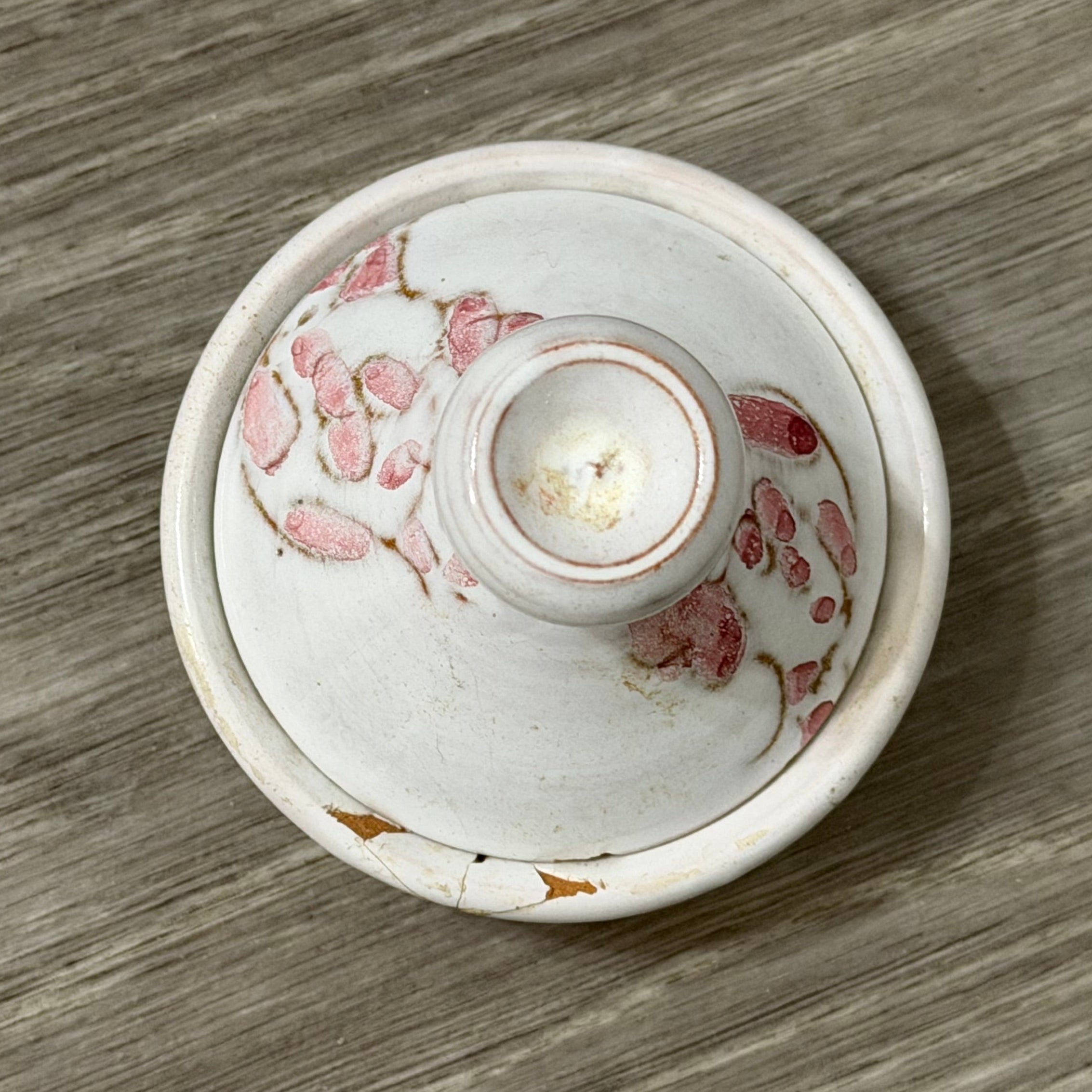 Vintage Small Clay Tagine — White with Pink Flowers, Handmade & Signed
