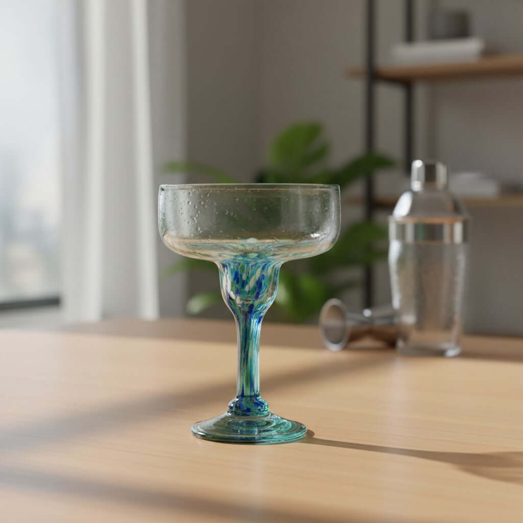 Hand-Blown Mexican Margarita Glass | Blue Green Confetti