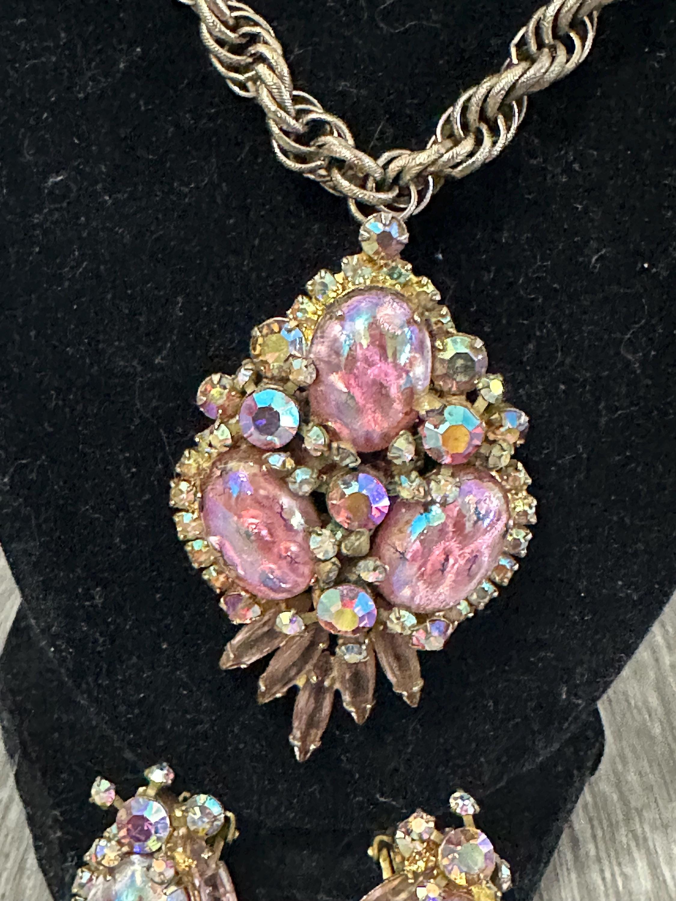 Juliana D&E Opal Cabochon Jewelry Set: 1960s Pendant Brooch and Earrings