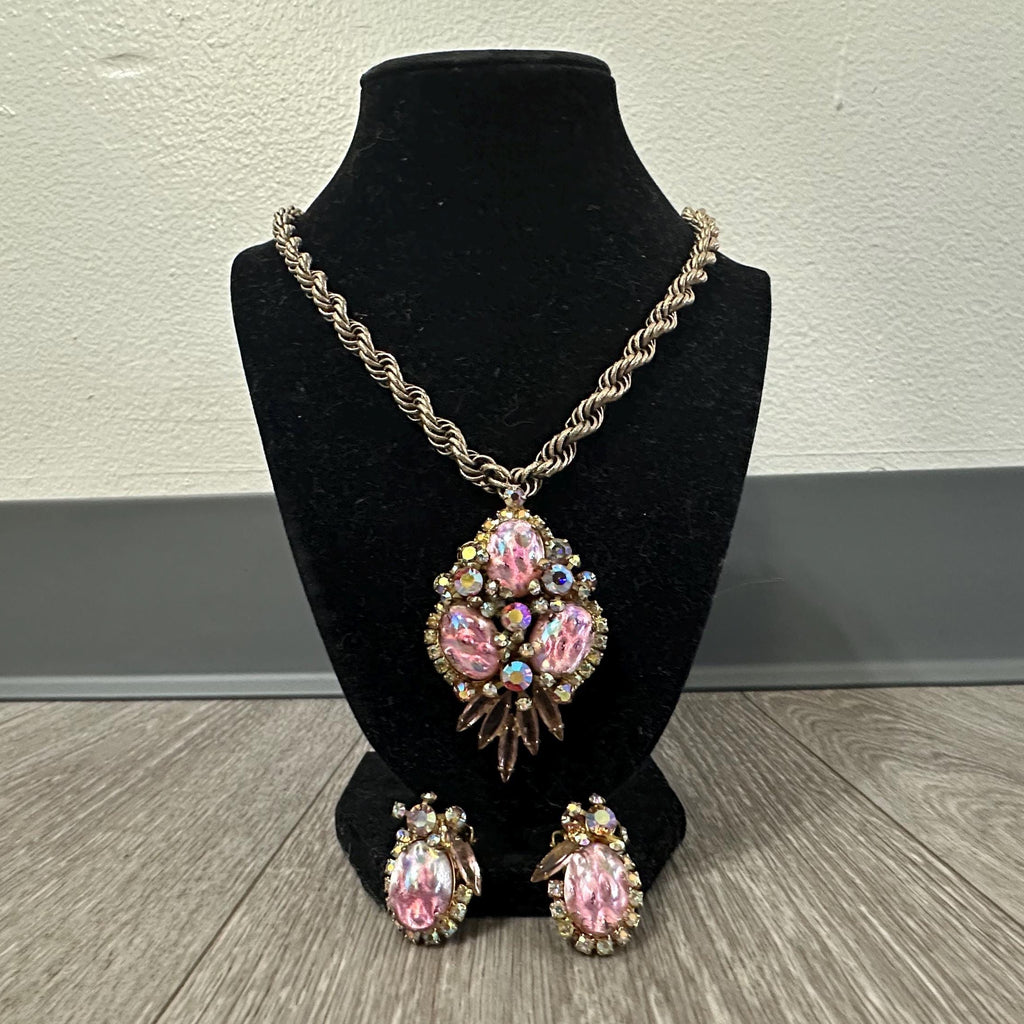 Juliana D&E Opal Cabochon Jewelry Set: 1960s Pendant Brooch and Earrings