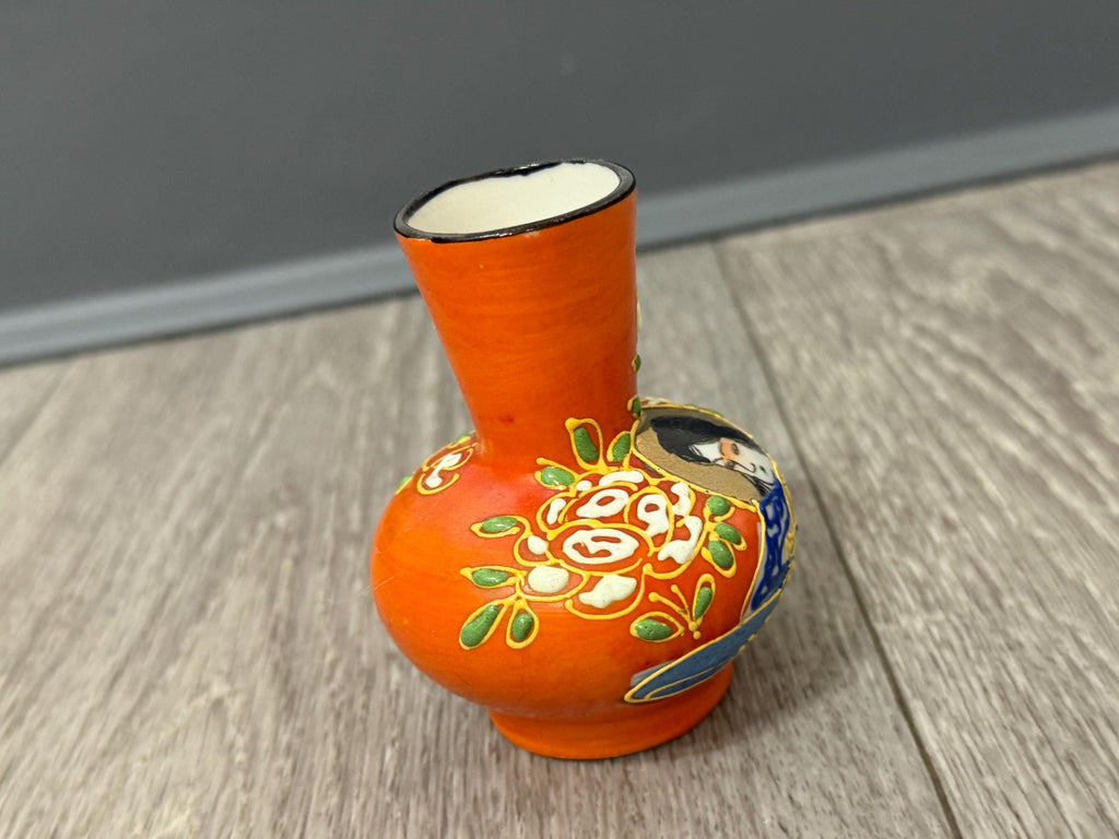 Vintage Japanese Moriage Bud Vase Geisha Girl Hand Painted Orange Miniature