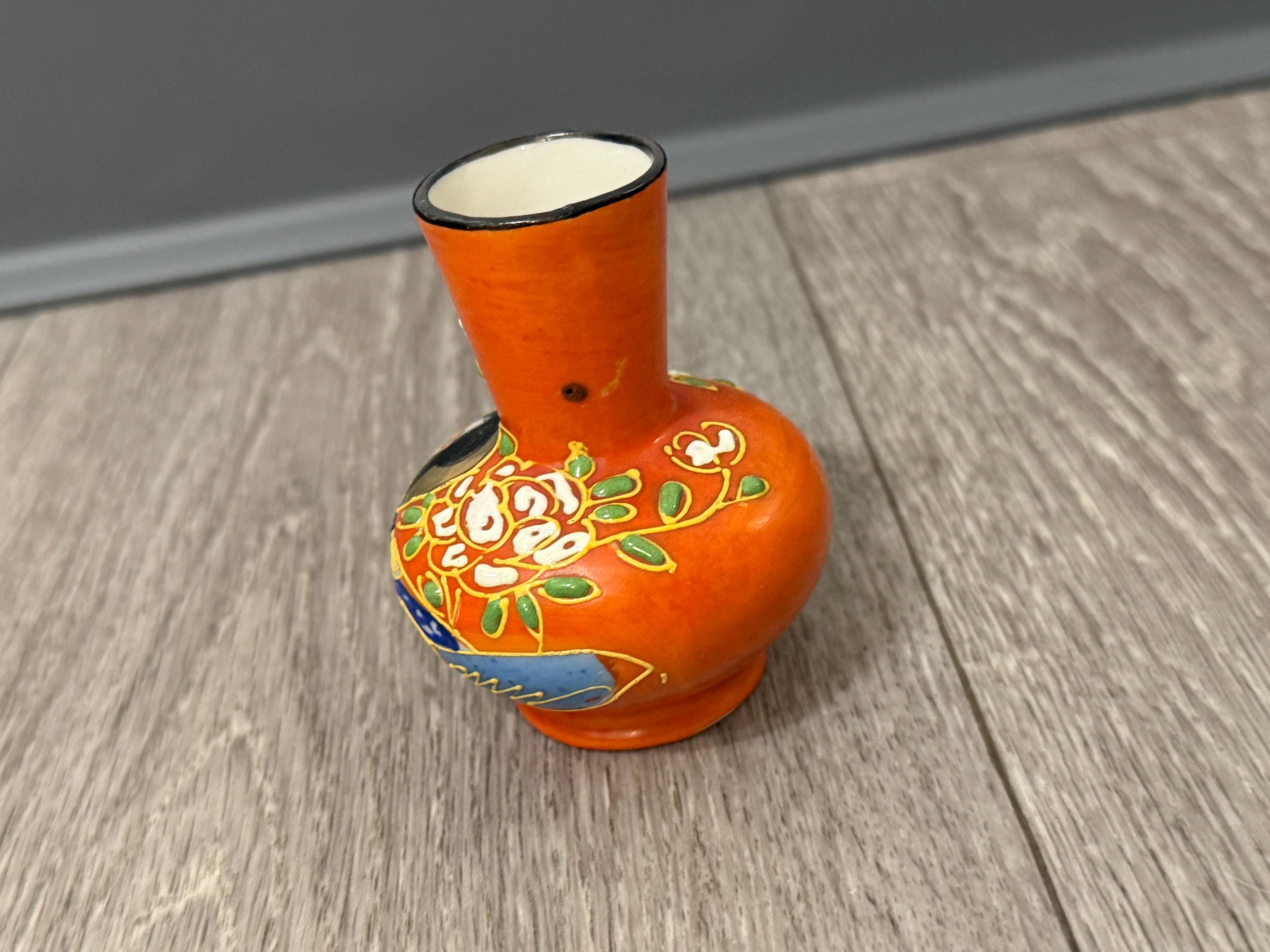 Vintage Japanese Moriage Bud Vase Geisha Girl Hand Painted Orange Miniature
