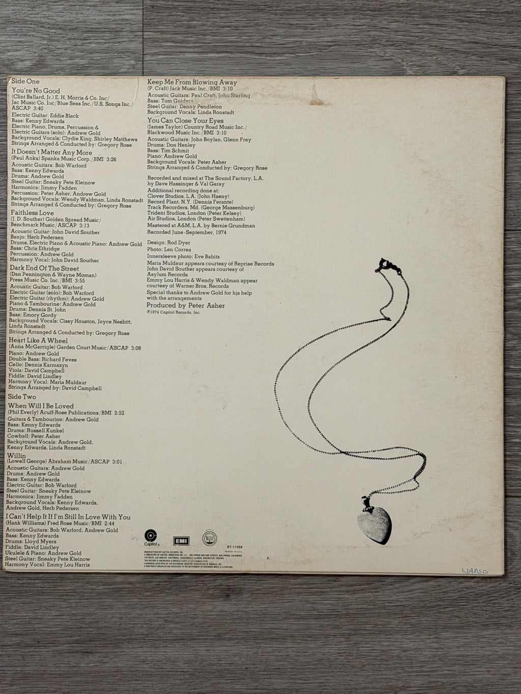 Linda Ronstadt  Heart Like A Wheel (1974)  Vinyl LP  Capitol ST511358  VG Record  G+ Sleeve  Fair Inlay