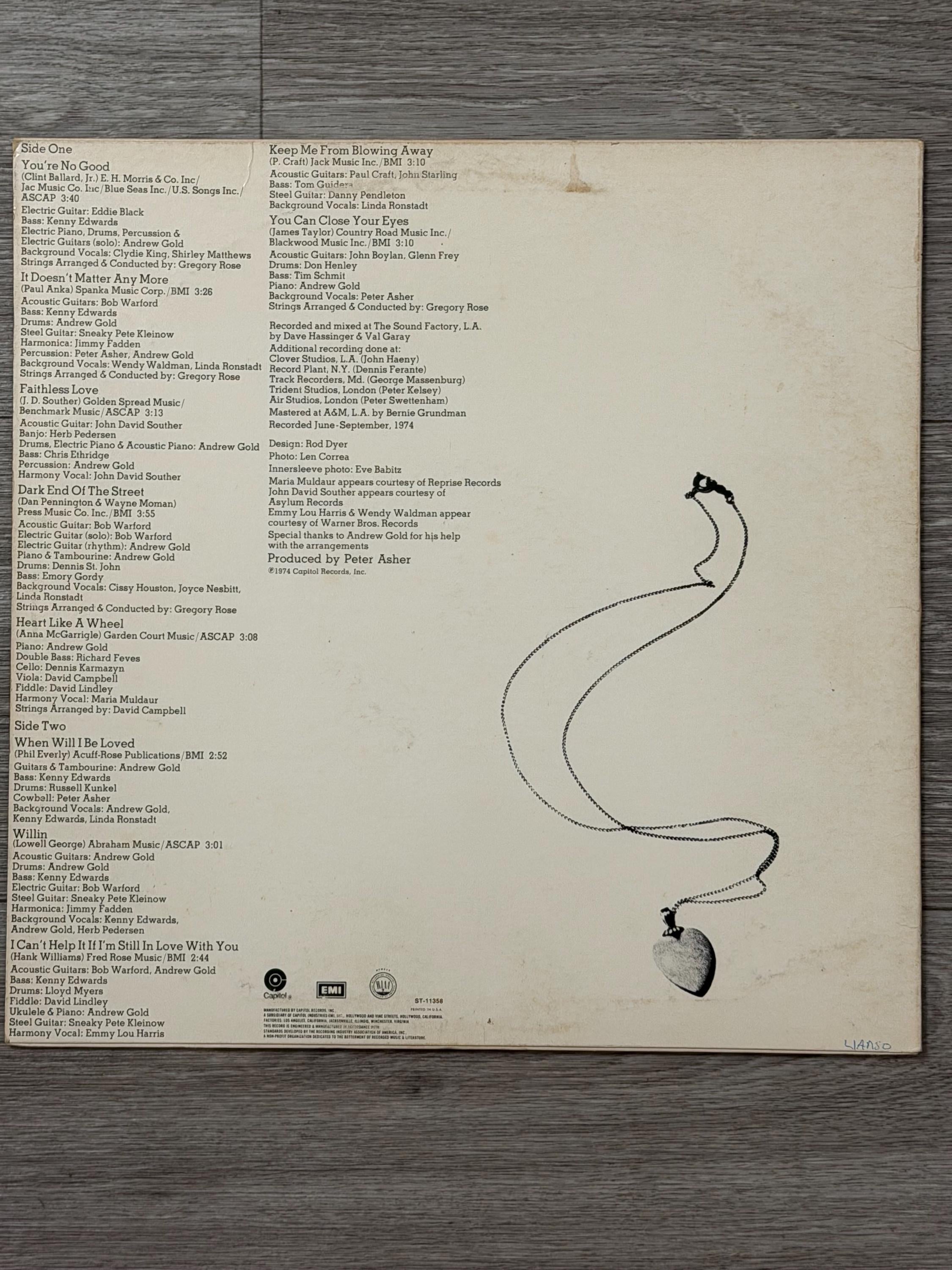 Linda Ronstadt  Heart Like A Wheel (1974)  Vinyl LP  Capitol ST511358  VG Record  G+ Sleeve  Fair Inlay