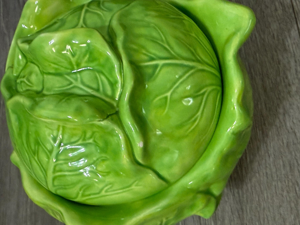 Vintage Holland Mold “Bake & Serve Cabbage Tureen with Lid  Green Ceramic Vegetable Server (Chipped)