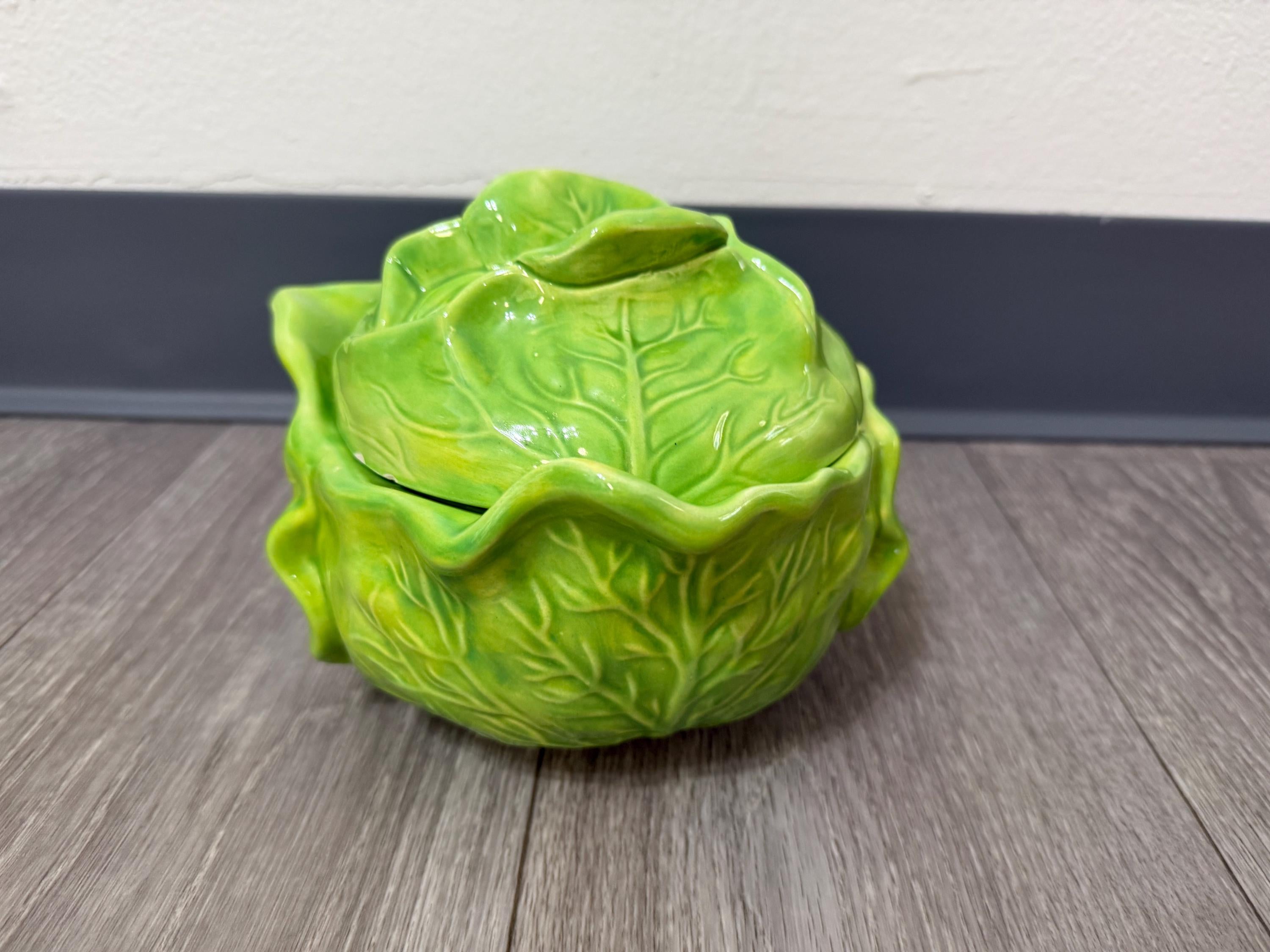 Vintage Holland Mold “Bake & Serve Cabbage Tureen with Lid  Green Ceramic Vegetable Server (Chipped)