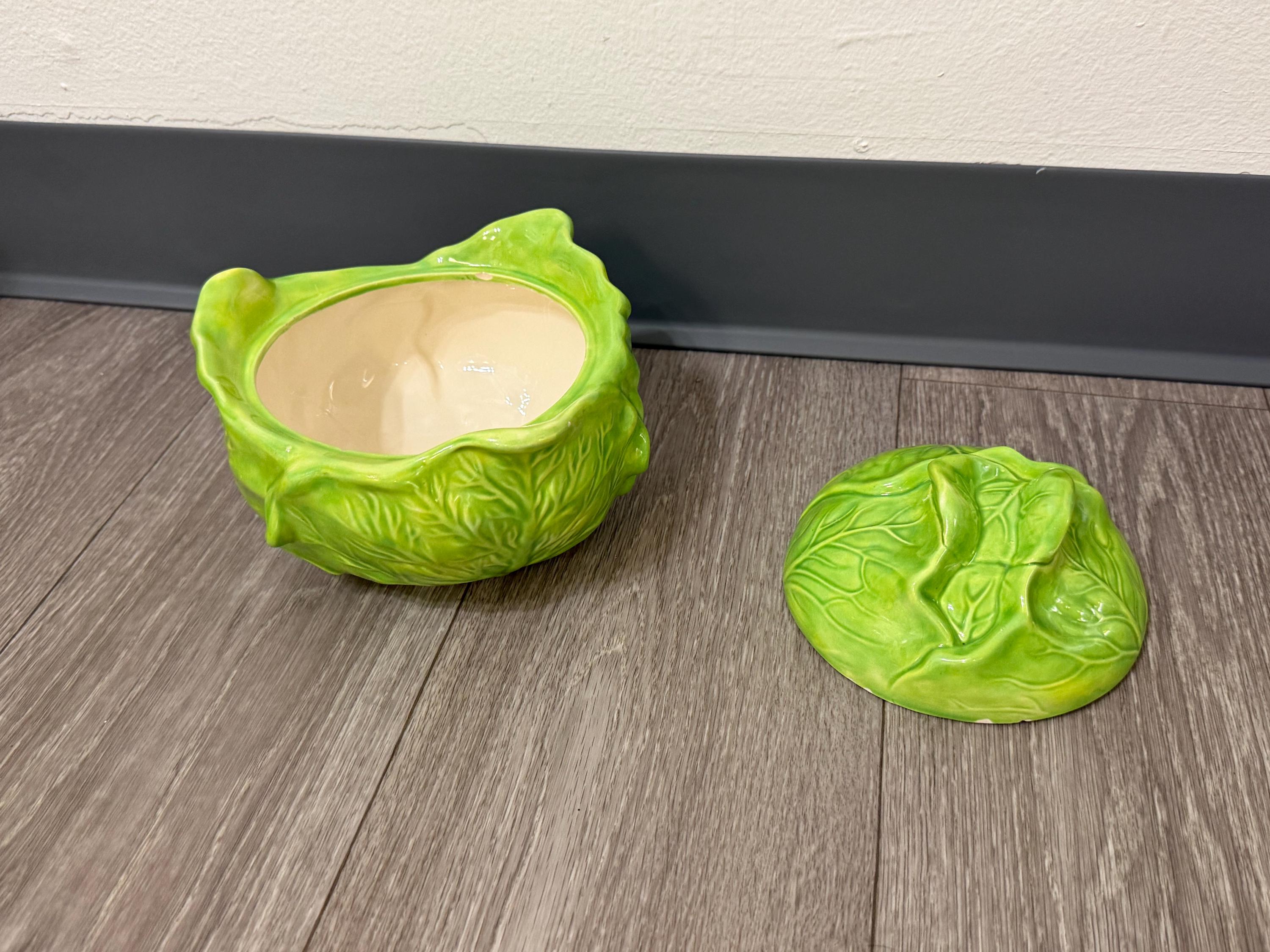 Vintage Holland Mold “Bake & Serve Cabbage Tureen with Lid  Green Ceramic Vegetable Server (Chipped)