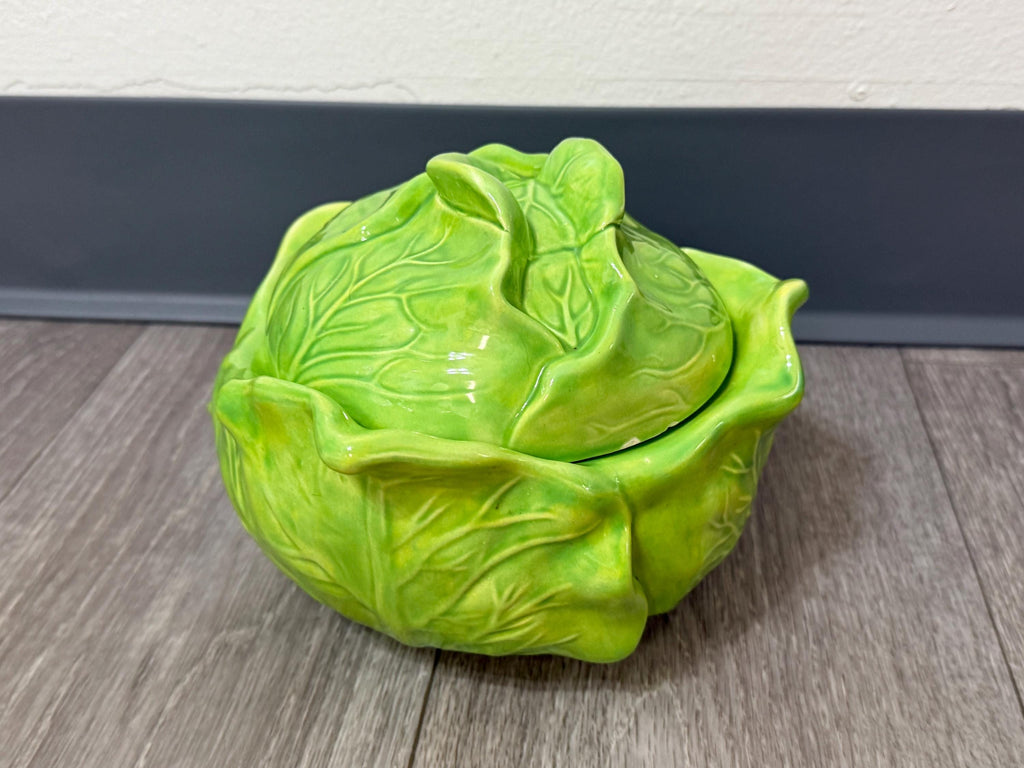 Vintage Holland Mold “Bake & Serve Cabbage Tureen with Lid  Green Ceramic Vegetable Server (Chipped)